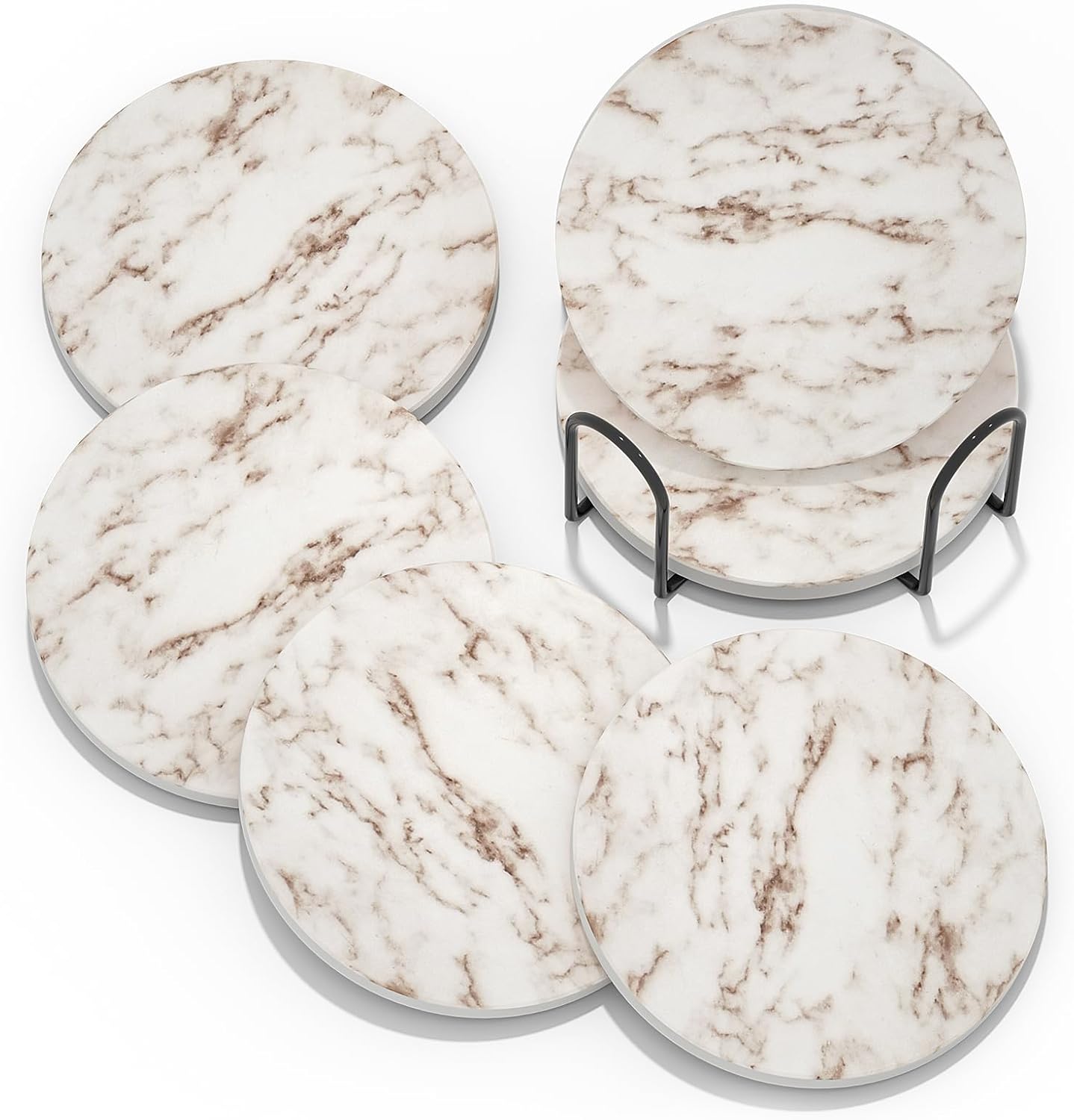 Posavasos absorbentes con soporte, juego de 6 posavasos absorbentes, posavasos de ágata de cerámica con mármol y base de corcho para mesa de café,