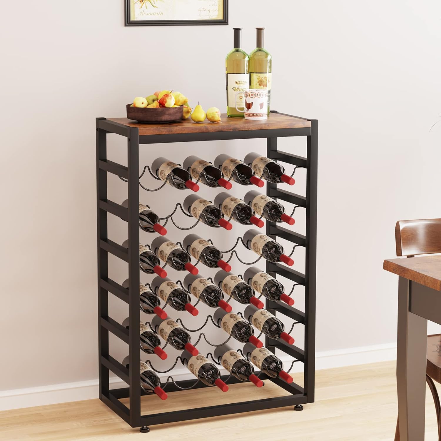 Dripex Estante de vino para 30 botellas, estante de almacenamiento de vino de 6 niveles con mesa de madera, soporte de metal resistente para
