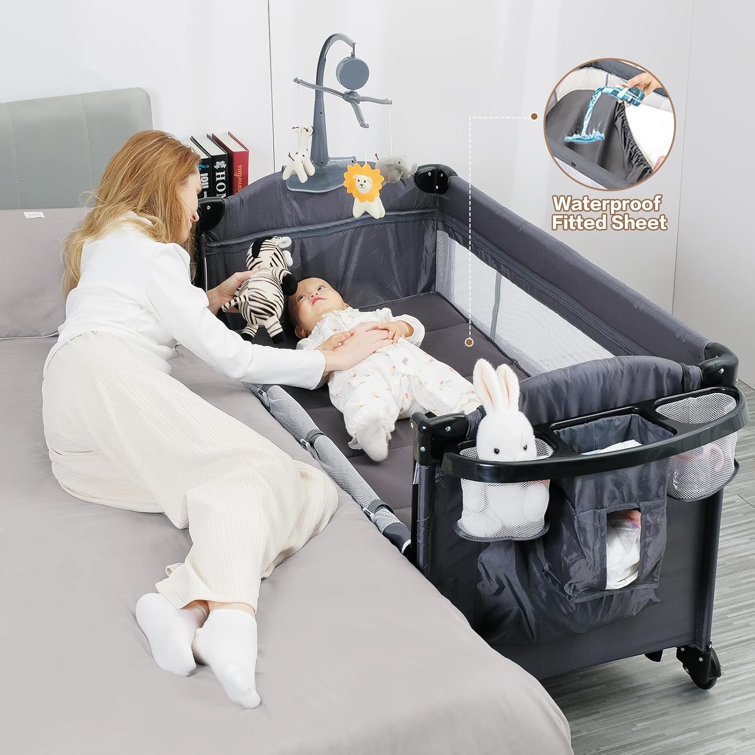 Moisés 5 en 1 para bebé, moisés de noche para empacar y jugar, con cambiador de pañales y sábana impermeable, colchón, música, corrales portátiles