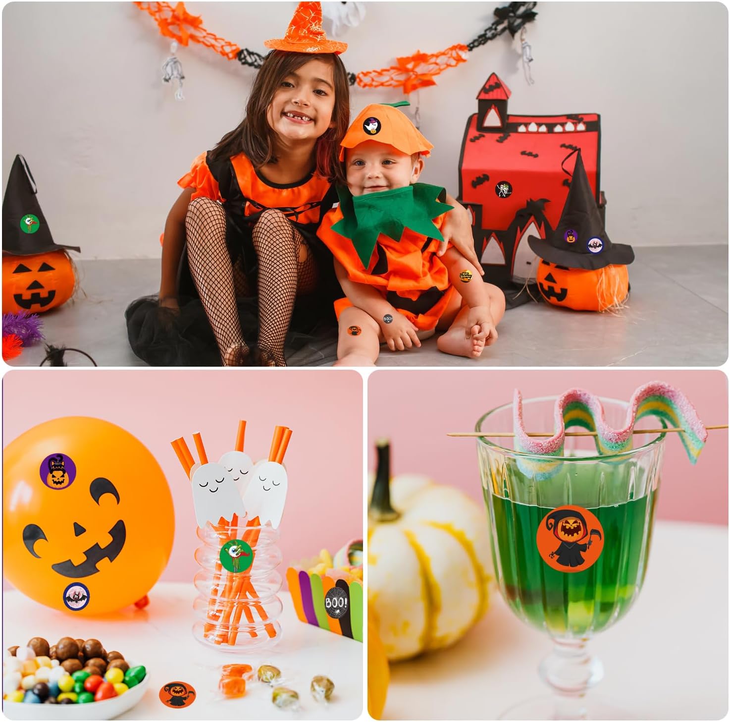 500 calcomanías de Halloween de 1.5 pulgadas, 8 colores y diseños, calcomanías redondas de Halloween, calcomanías de calabaza, murciélago, araña,