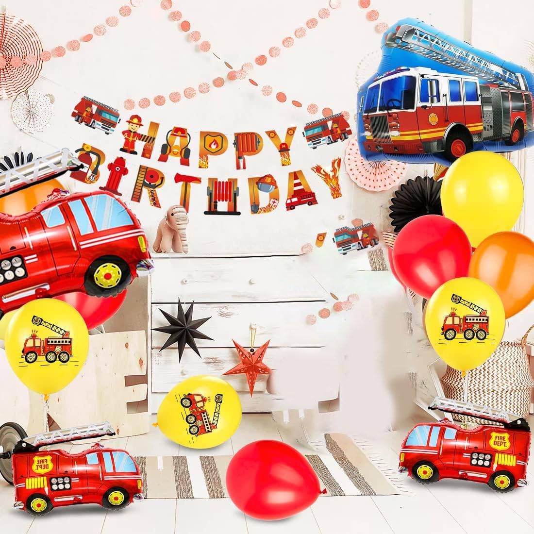 Decoración de cumpleaños de camión de bomberos, 35 piezas de globos de cumpleaños de camión de bomberos, decoración de camión de bomberos de