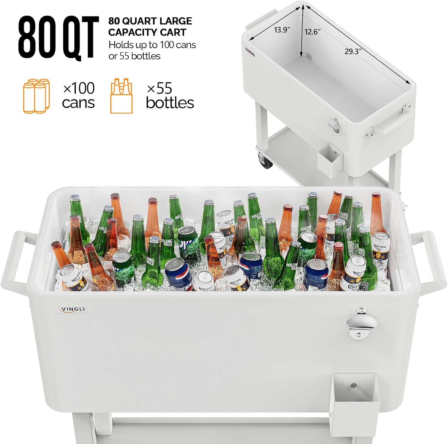 VINGLI Carrito rodante de 80 cuartos de galón con ruedas, enfriador de bebidas portátil para bar, fiesta de patio, piscina, baúl de hielo con