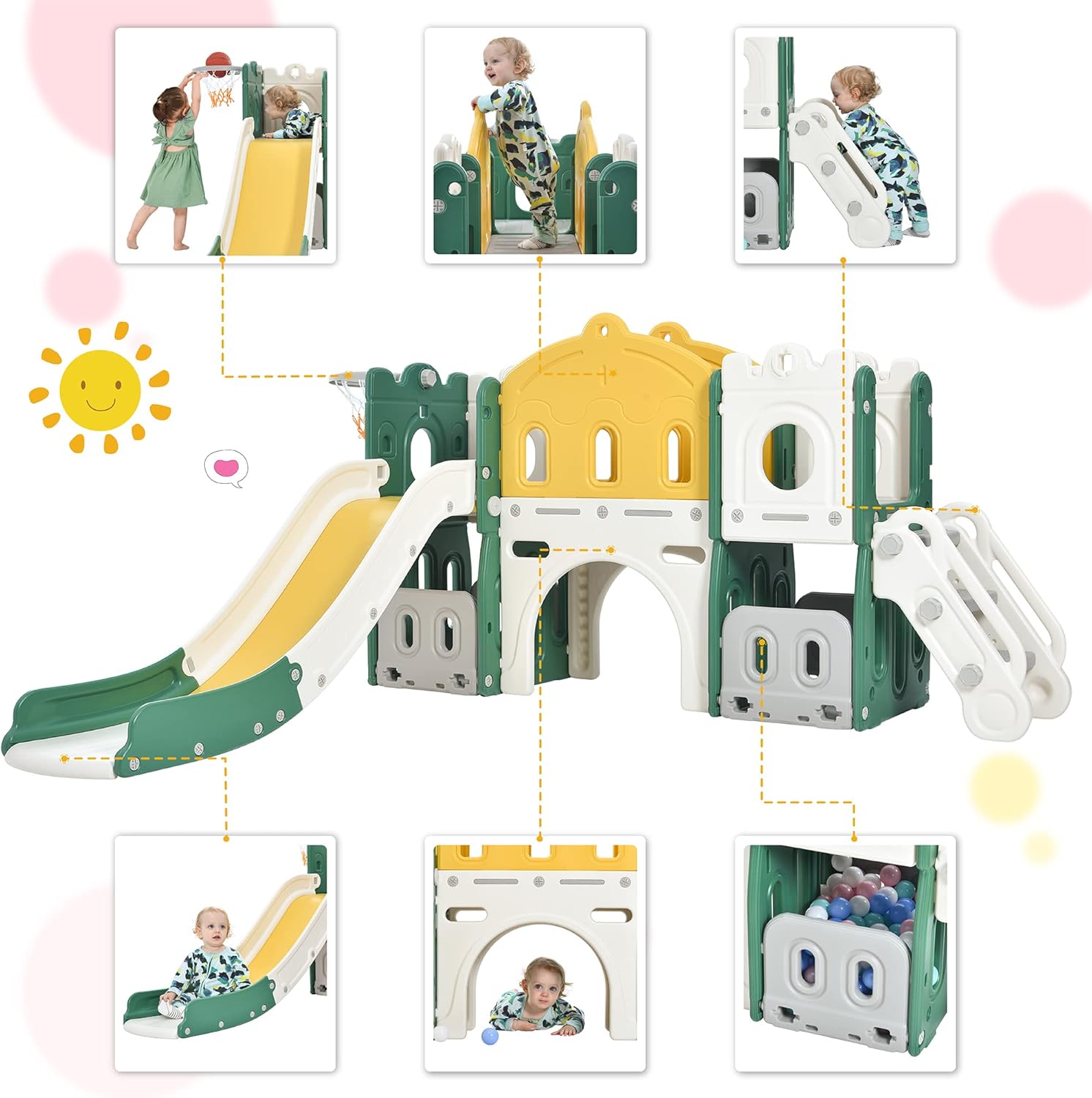Hapsor Tobogán 7 en 1 para niños pequeños, tobogán grande con pasillo largo, escalador, aro de baloncesto, túnel y espacio de almacenamiento, juego