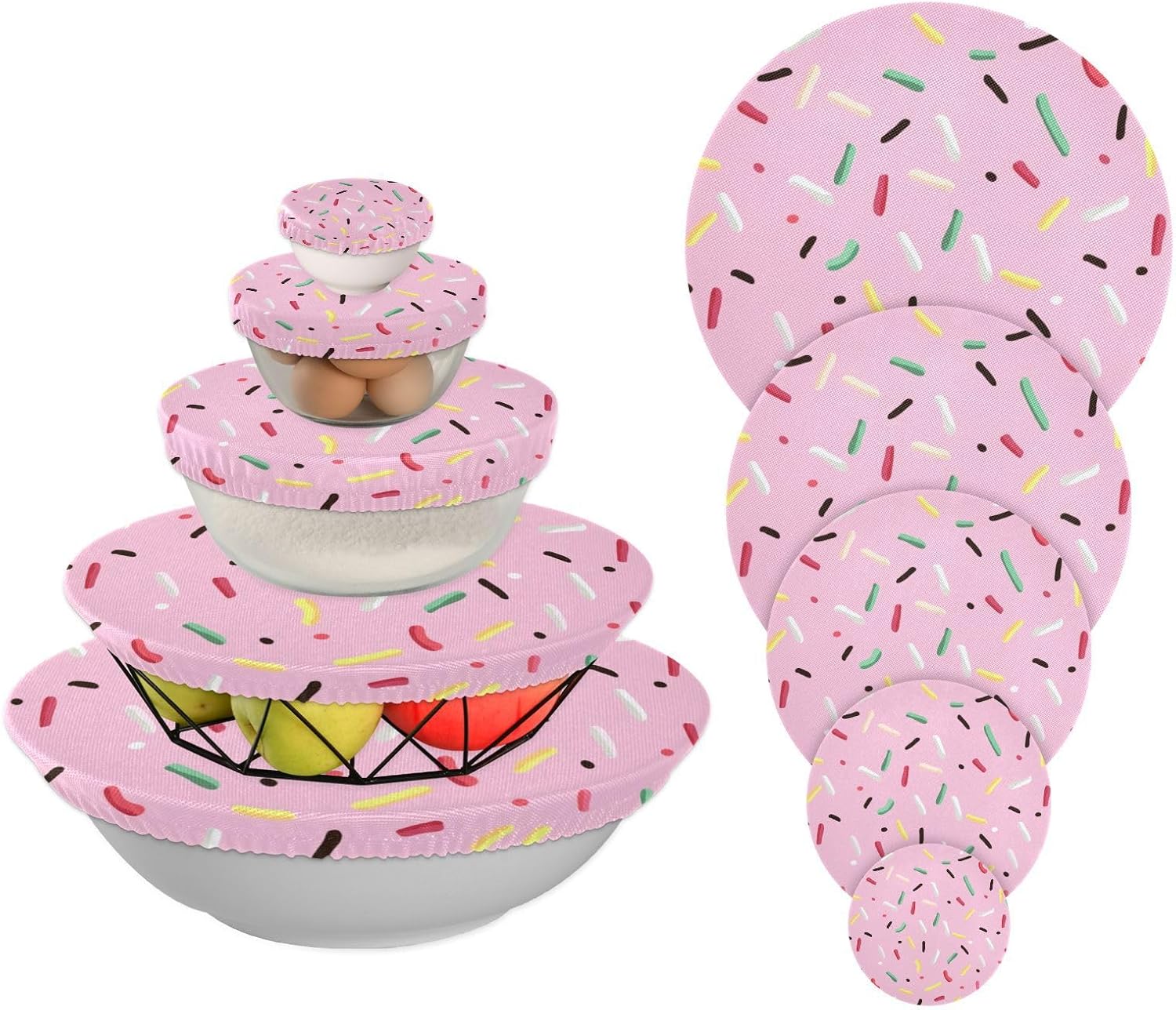 Pink Candy 5PCS Reusable Elastic Bowl Covers for Food Storage Stretch Cloth Fabric Lids with 5 Different Sizes Heat Resistant Food Lids for Fruits