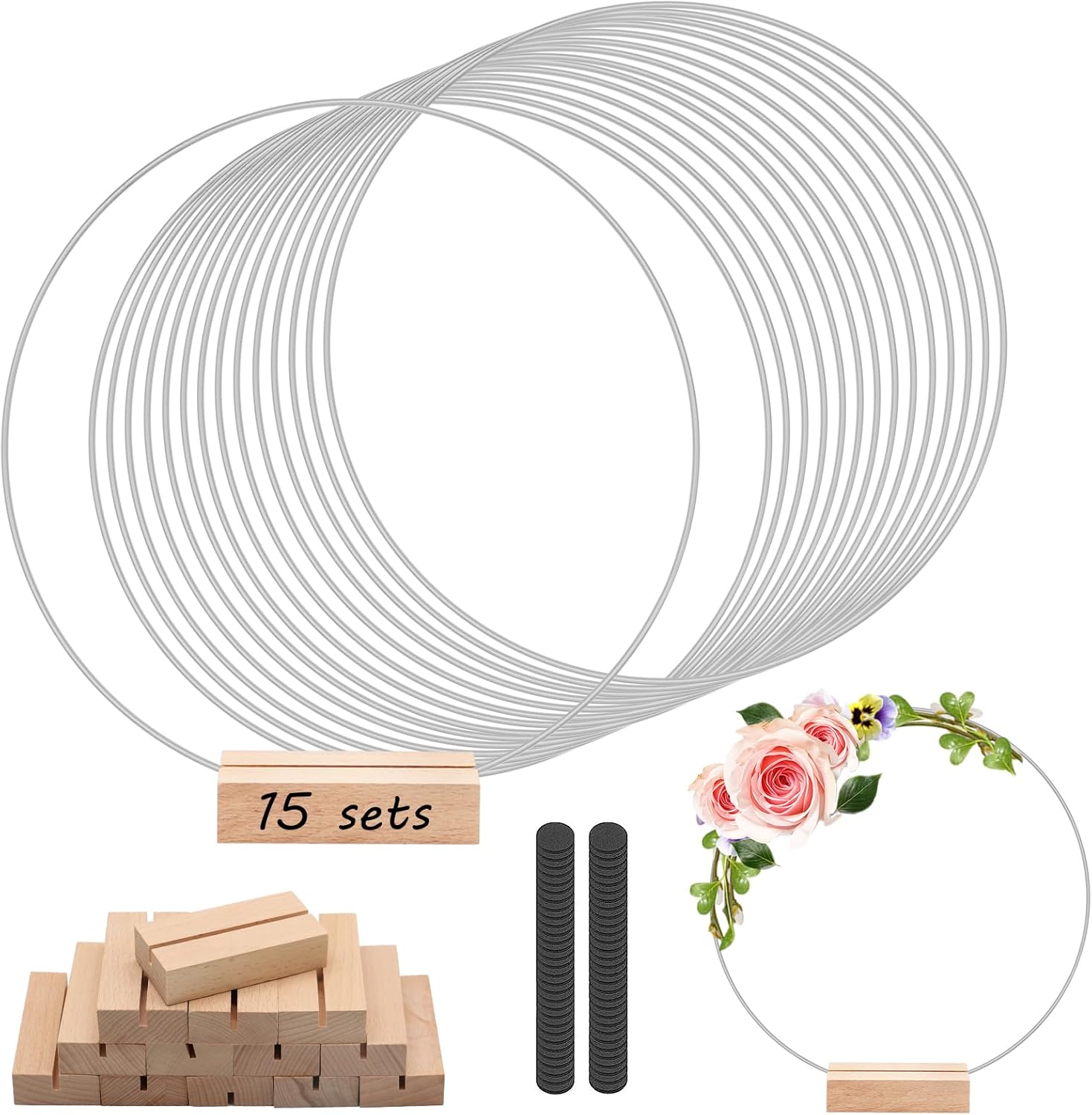 15 piezas de centro de mesa de aro floral de metal de 14 pulgadas con 15 soportes de madera para tarjetas y almohadillas ajustables para los pies,