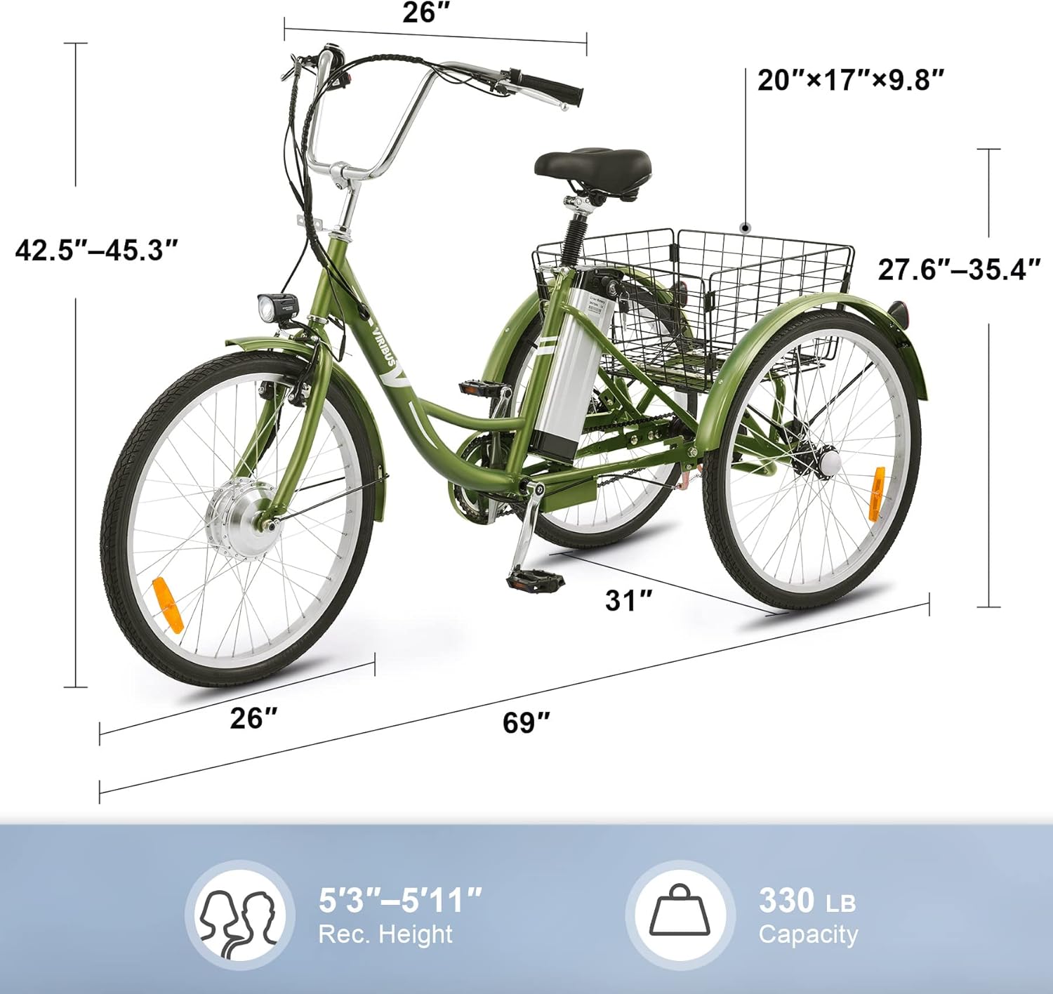 Viribus Triciclo eléctrico, triciclo eléctrico de 24 26 pulgadas para adultos con batería UL 36 V 13 Ah, motor de 250 W, bicicleta eléctrica de 3
