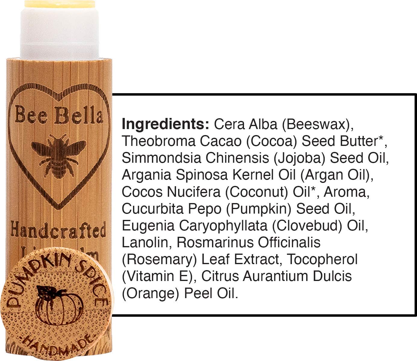 Bee Bella Bálsamo labial de especias de calabaza (paquete de 3) con cera de abejas, aceite de coco, aceite de jojoba, aceite de vitamina E, aceite