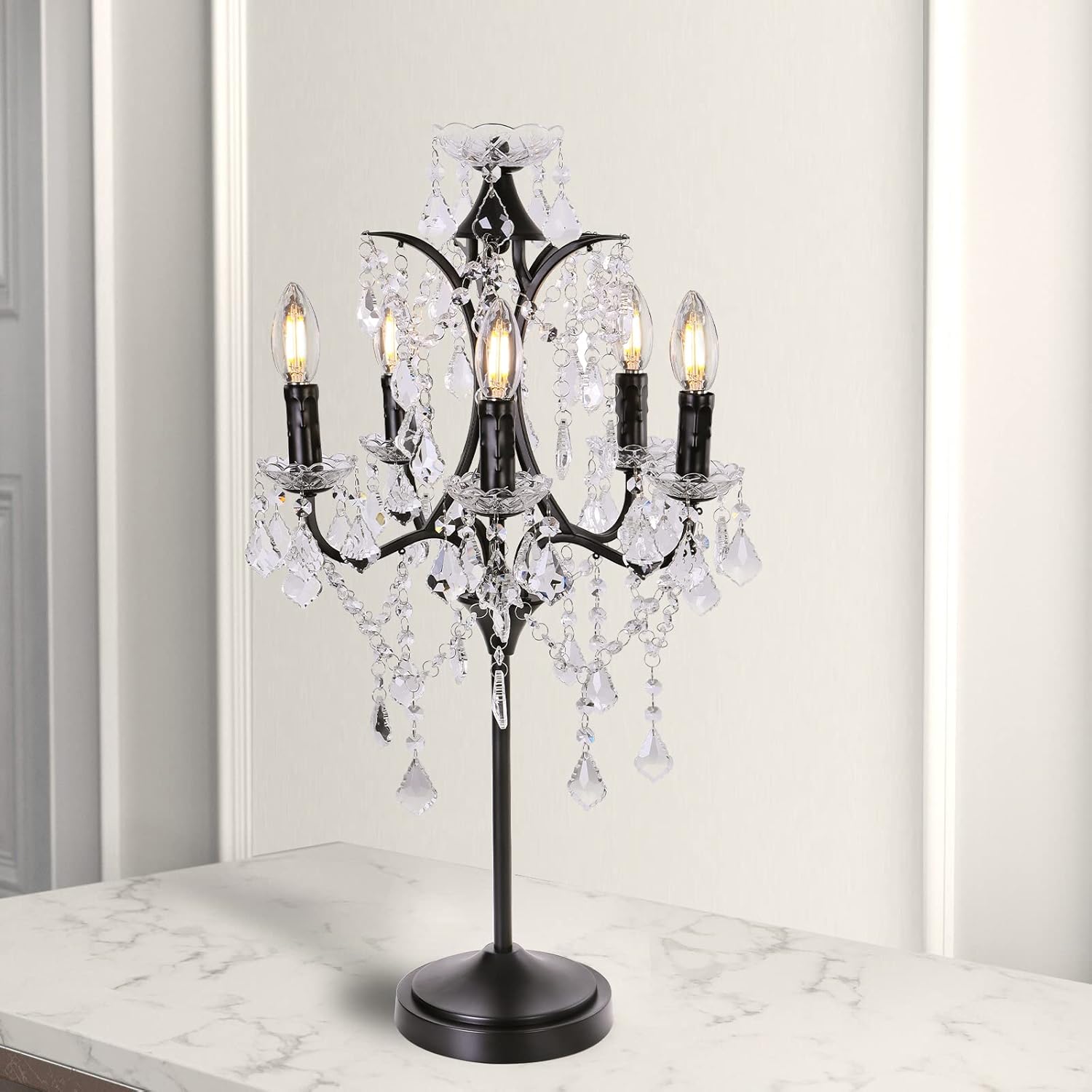 TOCHIC Lámpara de mesa de cristal tradicional de 5 luces, candelabro negro para manualidades, 30 pulgadas de alto para sala de estar, sala de