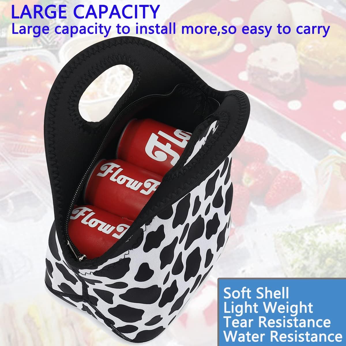 FlowFly Neoprene Kids Lunch box Insulated Soft Bag Mini Cooler Thermal Meal Tote Kit for Boys, Girls,Men,Women,School,Work, Office, Cow