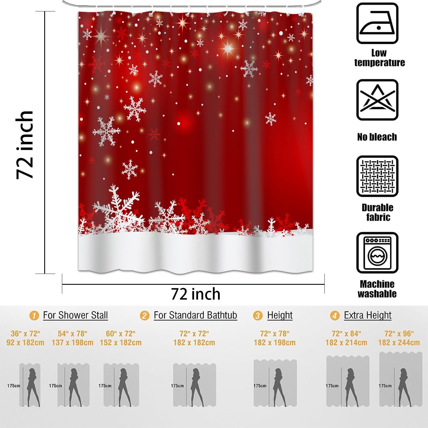 Emwnodti Cortinas de ducha de copos de nieve, color rojo, invierno, nieve, festival, vacaciones, año nuevo, cortina de baño, tela de poliéster,