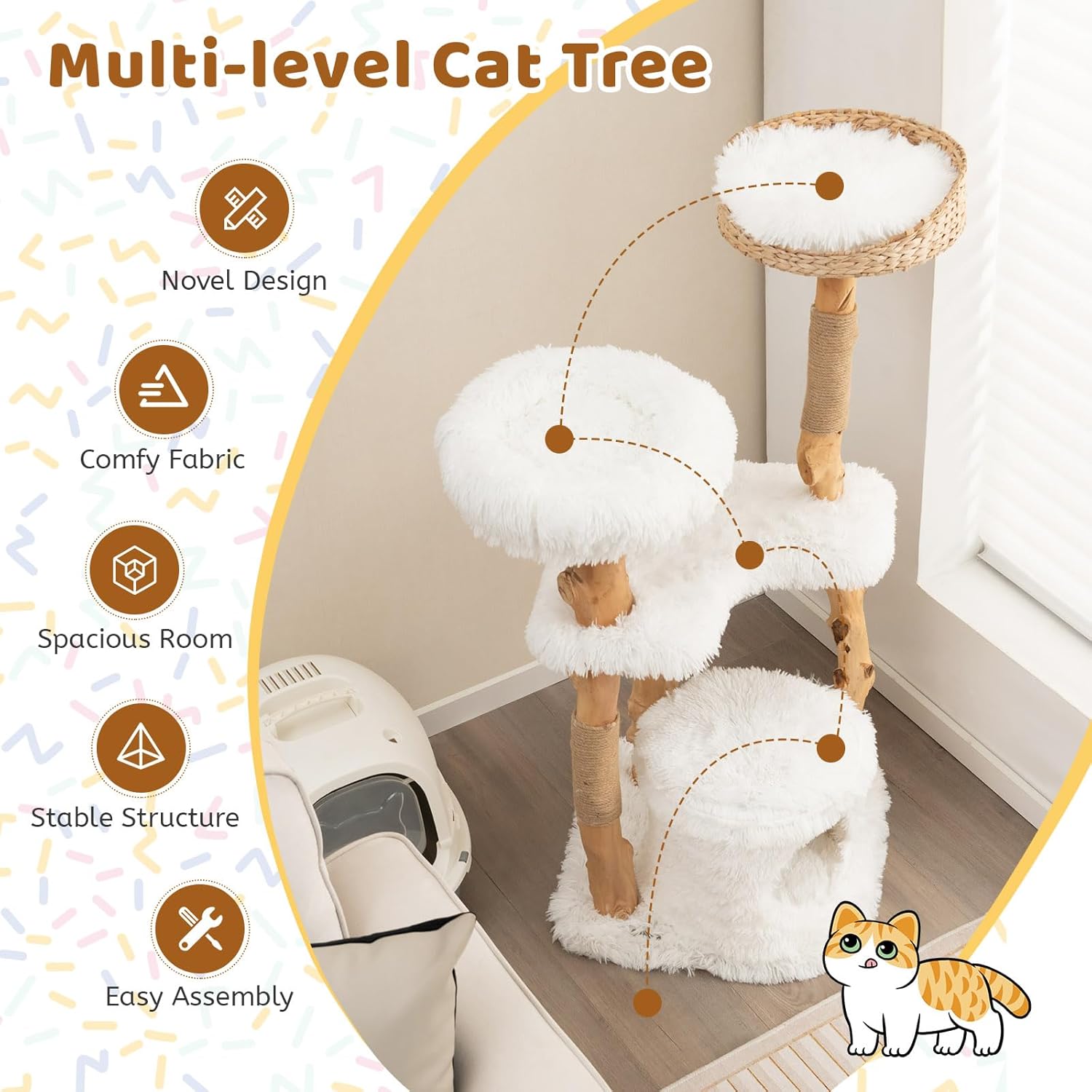 Tangkula Árbol para gatos de interior, torre moderna de madera maciza para gatos con cesta de cola superior, cama para gatos, perca lateral,