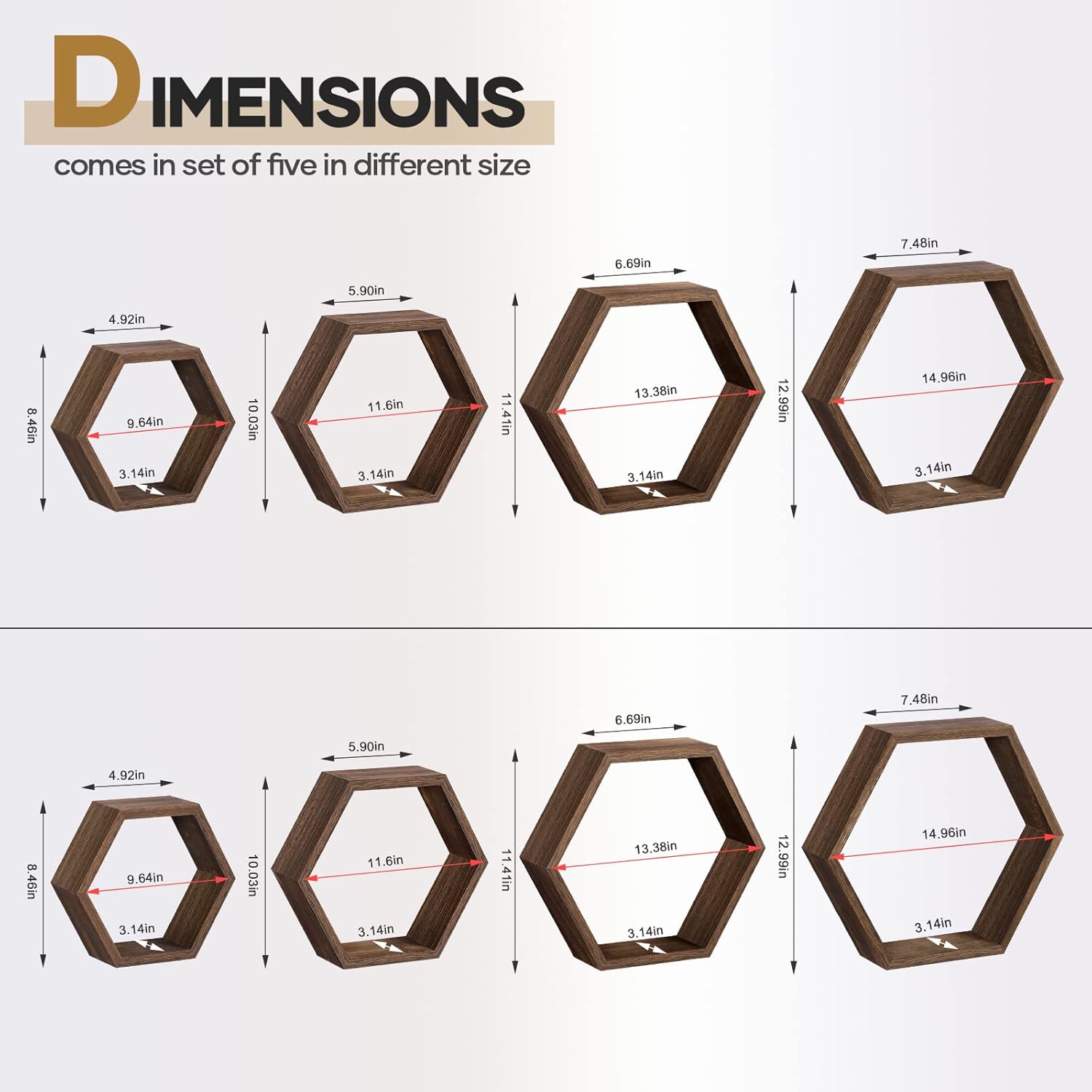 SEHERTIWY Paquete de 8 estantes flotantes hexagonales, estante de pared de nido de abeja de madera marrón para casa y oficina