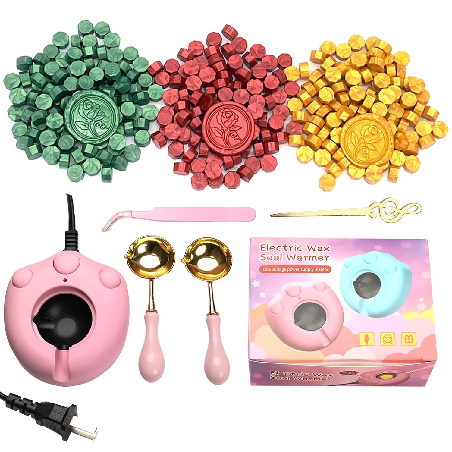 Kit de sellado de cera con 300 cuentas de sello de cera doradas, rojas y verdes, kit de calentador de cera eléctrico para derretir rápidamente