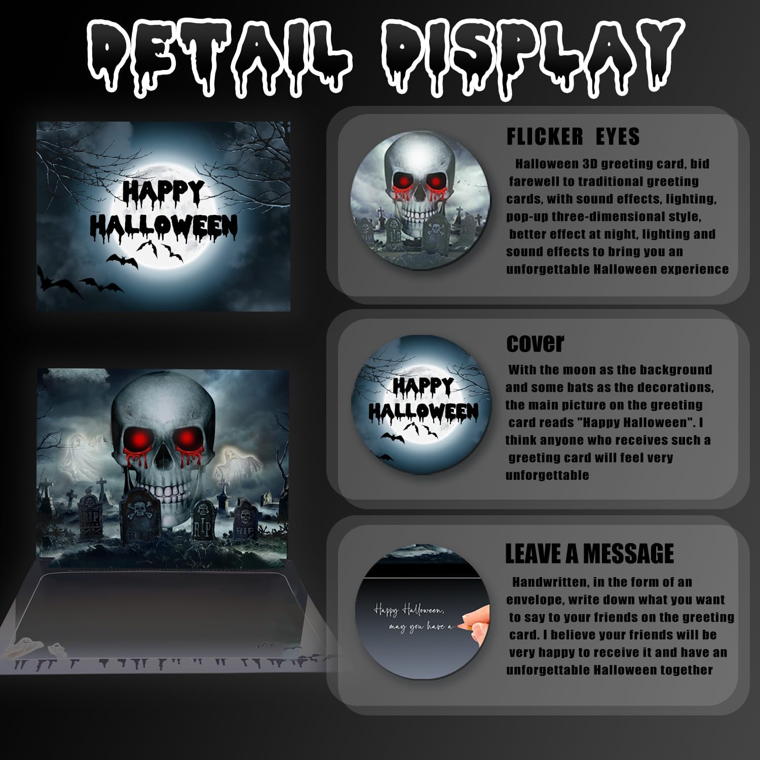 Tarjeta de felicitación 3D de Halloween con luz y música, para niños, amigos, novio, novia, marido, él, mujeres, cráneo, truco o trato, fantasma,