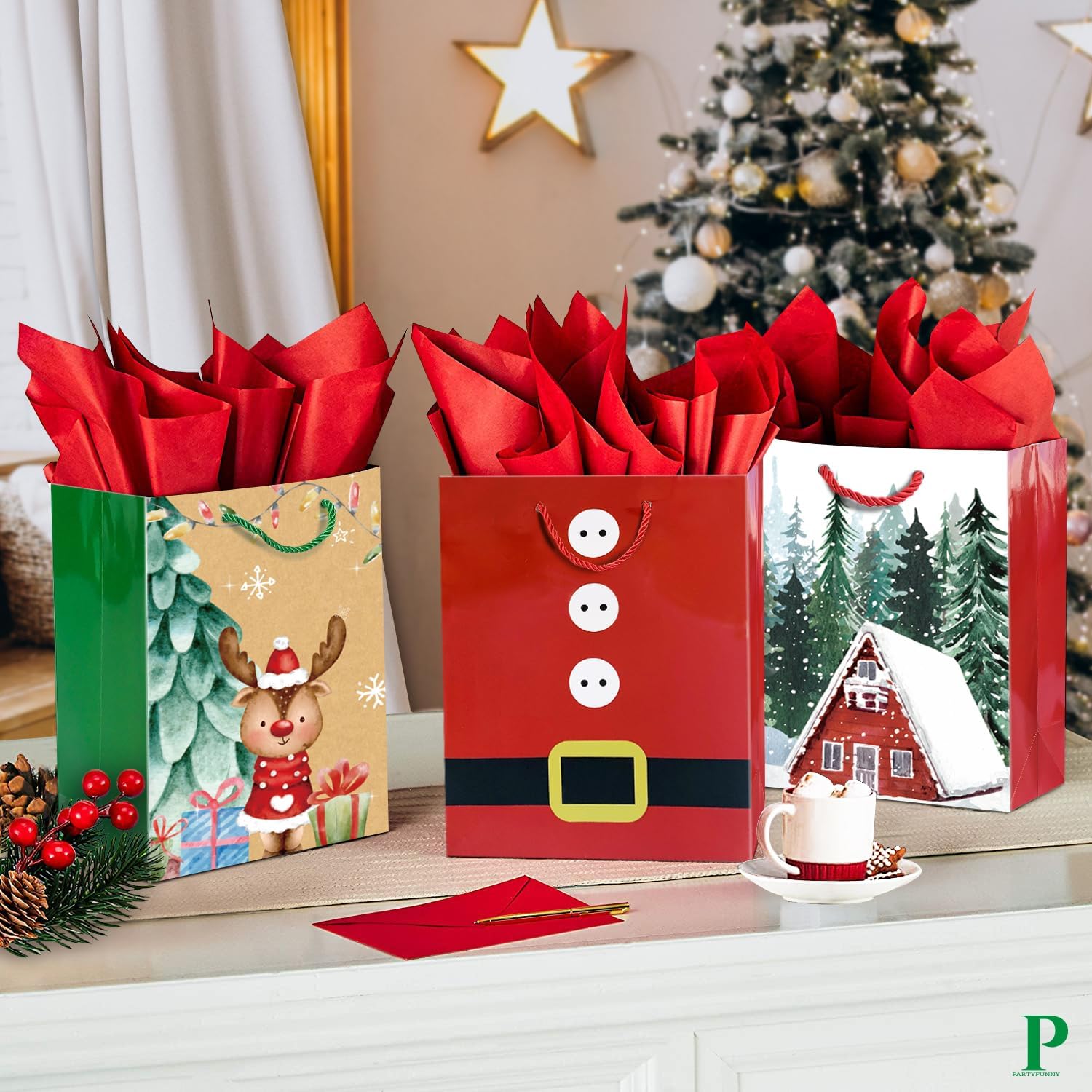 24 bolsas pequeñas de regalo de Navidad a granel con asas, 26 papel de seda y 60 etiquetas de regalo de Navidad, juego de 24 diseños surtidos de