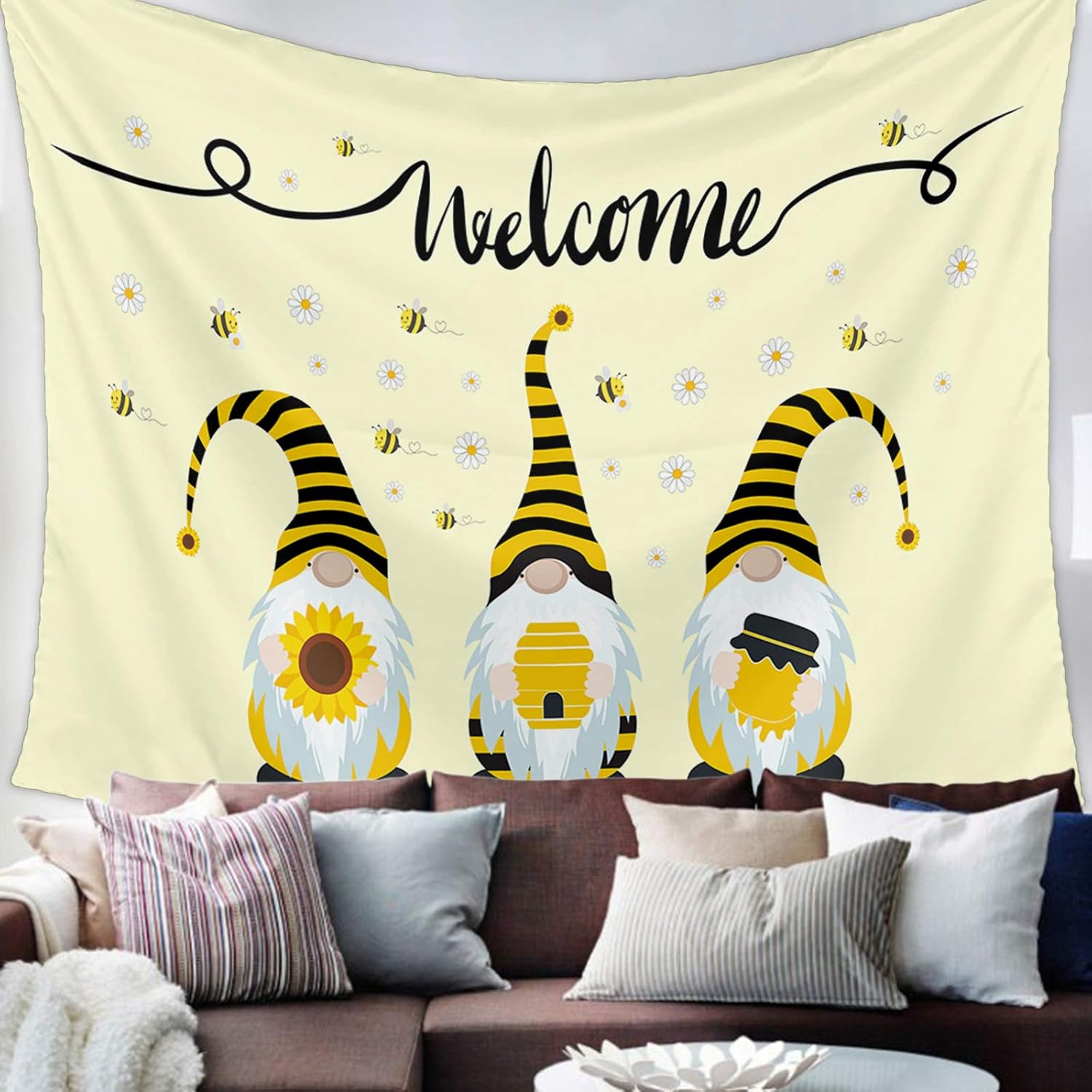 Tapiz para colgar en la pared, gnomos de abeja, tapices con girasol, tapiz estético de margaritas blancas y amarillas para dormitorio, sala de