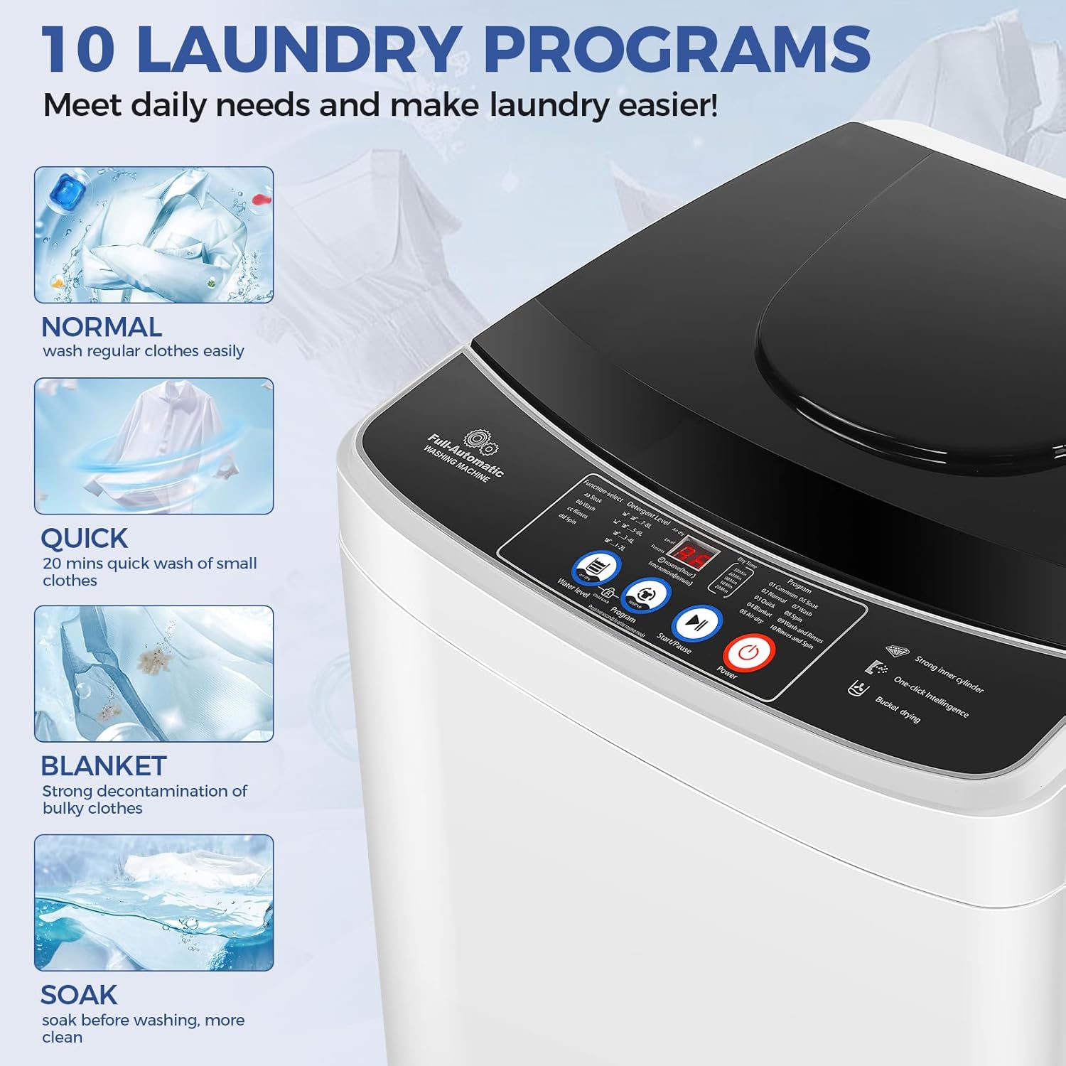 Nictemaw Lavadora portátil de 15.6 libras, gran capacidad, 2.1 pies cúbicos, con 10 programas y 8 niveles de agua, lavadora compacta para