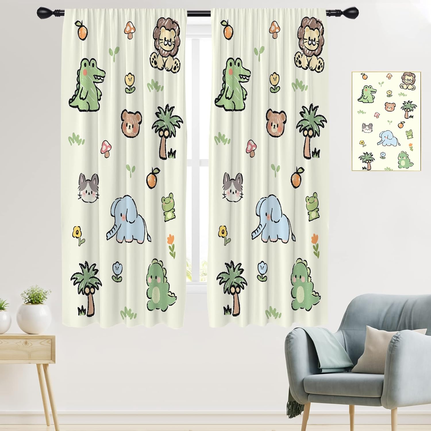 EGLGCC Cortinas infantiles para cuarto de bebé, diseño de dibujos animados divertidos de animales, bosque, león, dinosaurio, niños, 42 pulgadas de