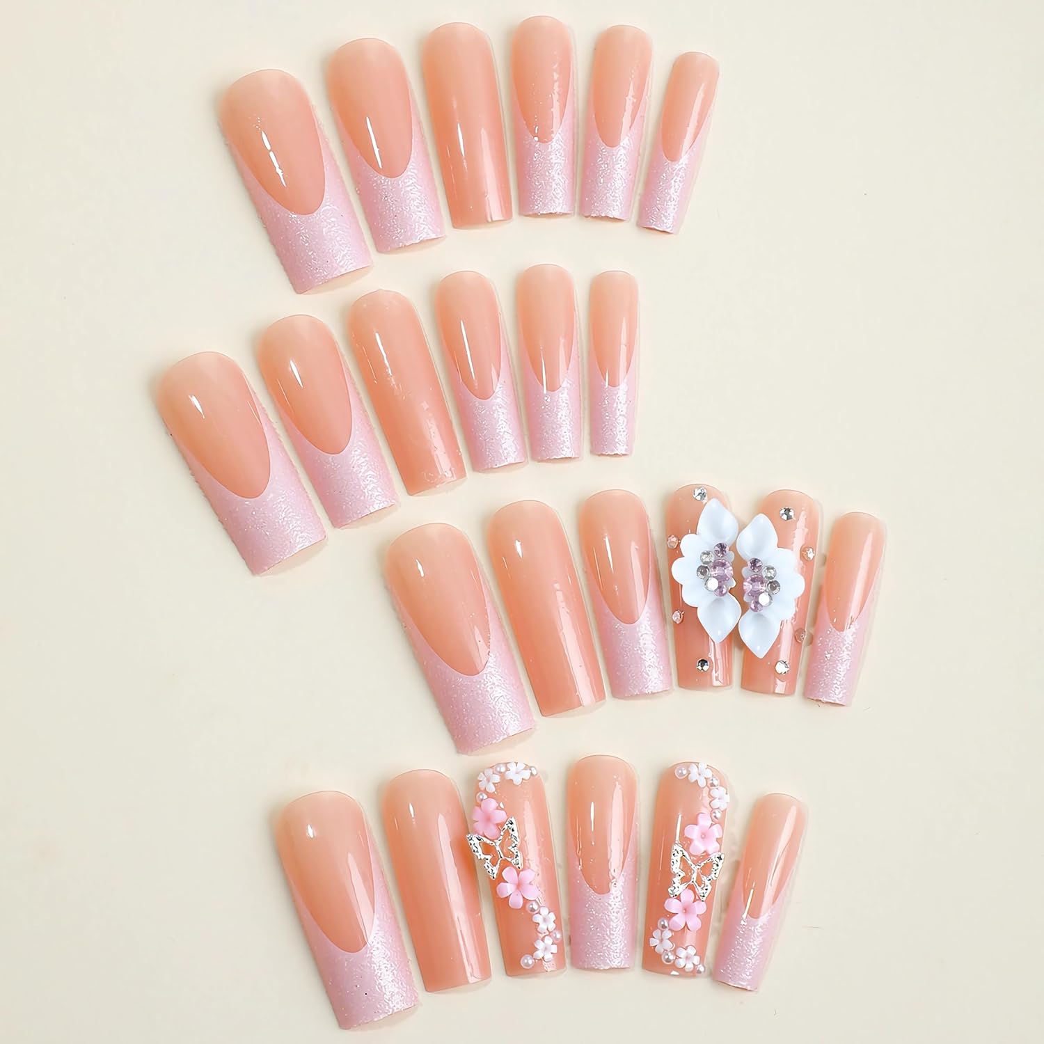 BABALAL Uñas postizas cuadradas a presión, uñas postizas largas con punta francesa rosa, uñas con pegamento en uñas 3D, diseño de mariposa,