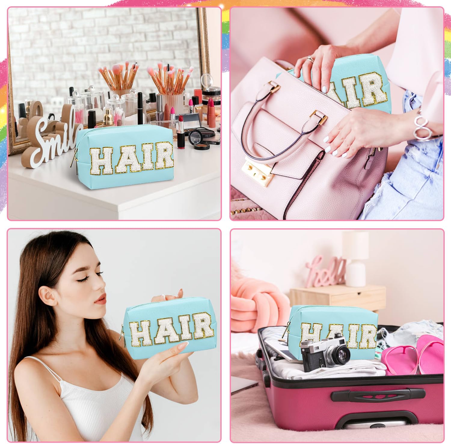 Bolsa de maquillaje de parche de piel sintética, portátil, impermeable, para cosméticos, uso diario, para mujeres y niñas, Pelo azul., Parche Preppy