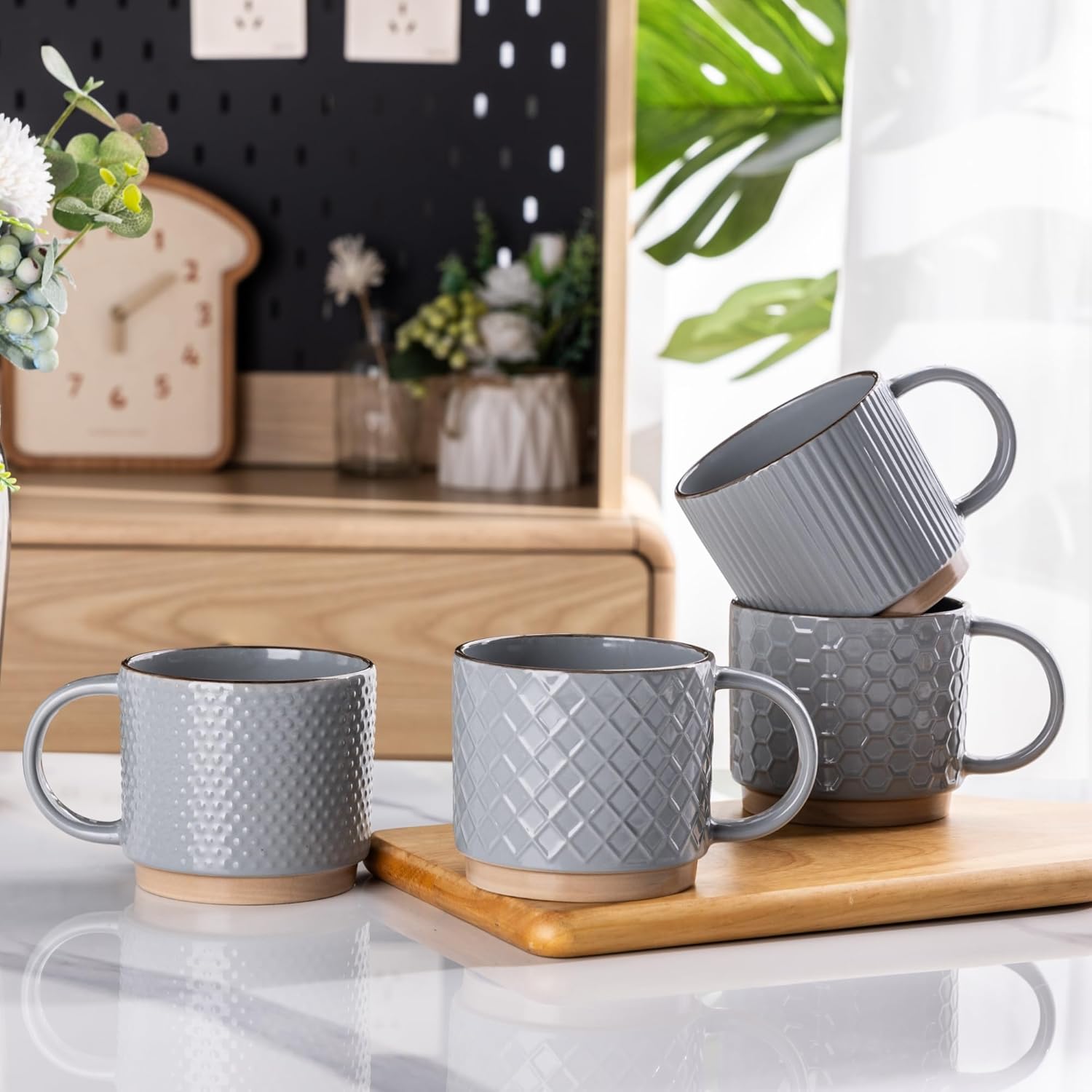 GBHOME Tazas de café apilables de 12 onzas, tazas de café de cerámica con patrones de textura para hombre, mujer, papá, mamá, juego de 4 tazas de