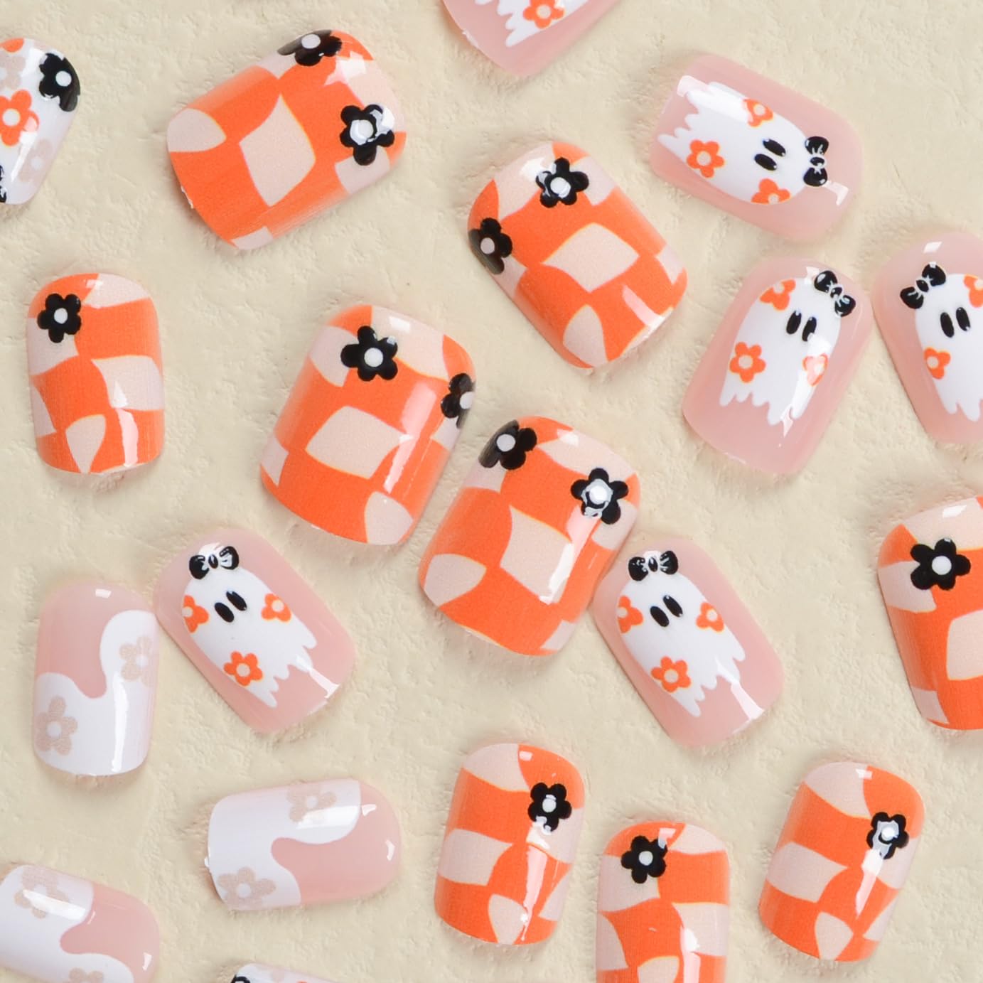 Uñas postizas cortas a presión para Halloween, con tablero de ajedrez deformado, enrejado trenzado, diseño de flor fantasma, uñas postizas