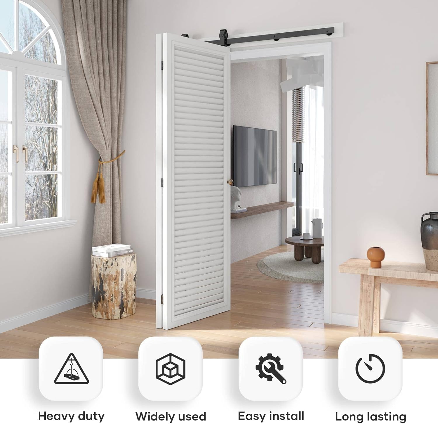 EaseLife Kit de riel de 48 pulgadas para puerta corredera de granero biplegable para 2 puertas de armario, rodillo de montaje superior, resistente,
