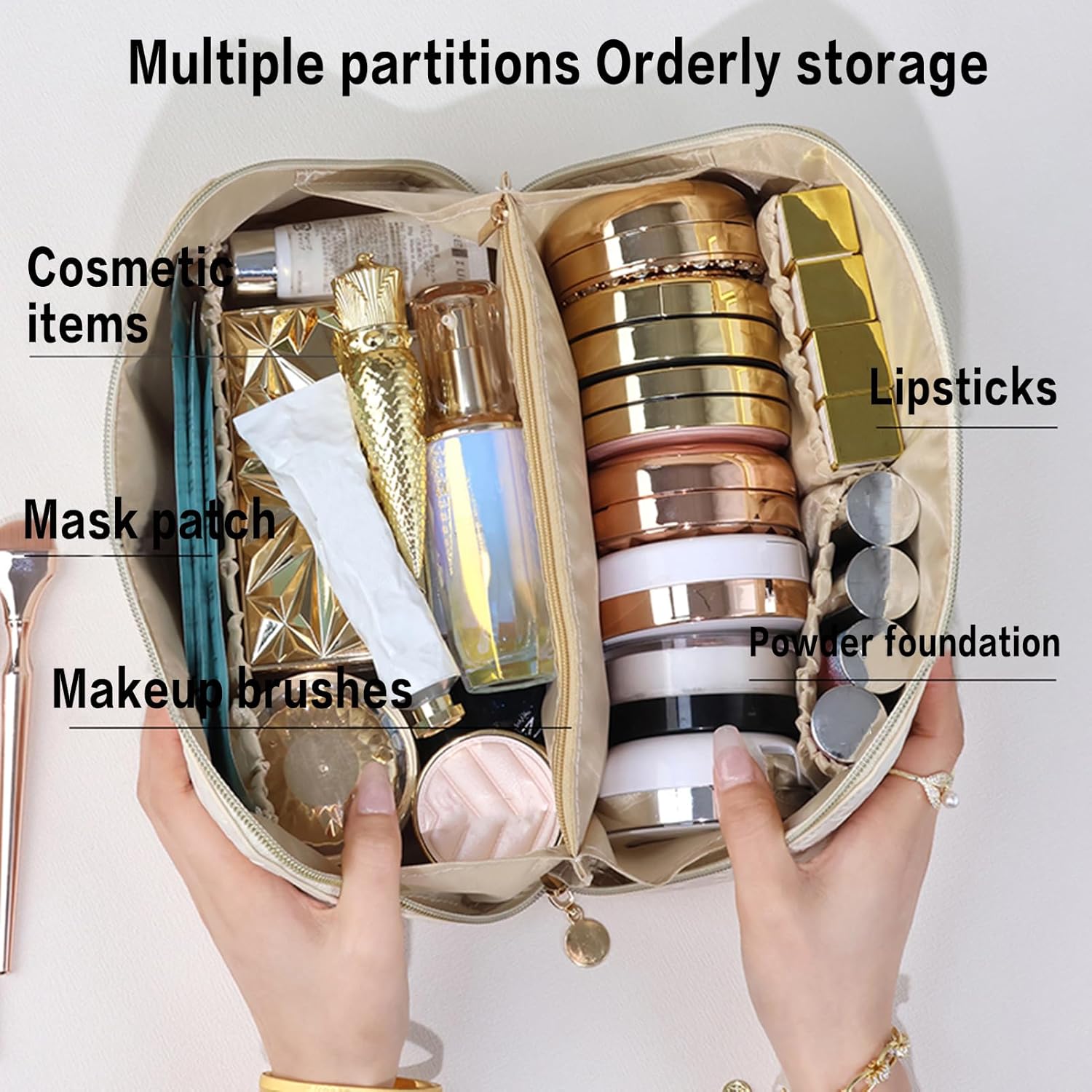 ISILANDON Bolsa de cosméticos de viaje de gran capacidad  Piel sintética impermeable, bolsa de maquillaje portátil para mujer con asa y divisor
