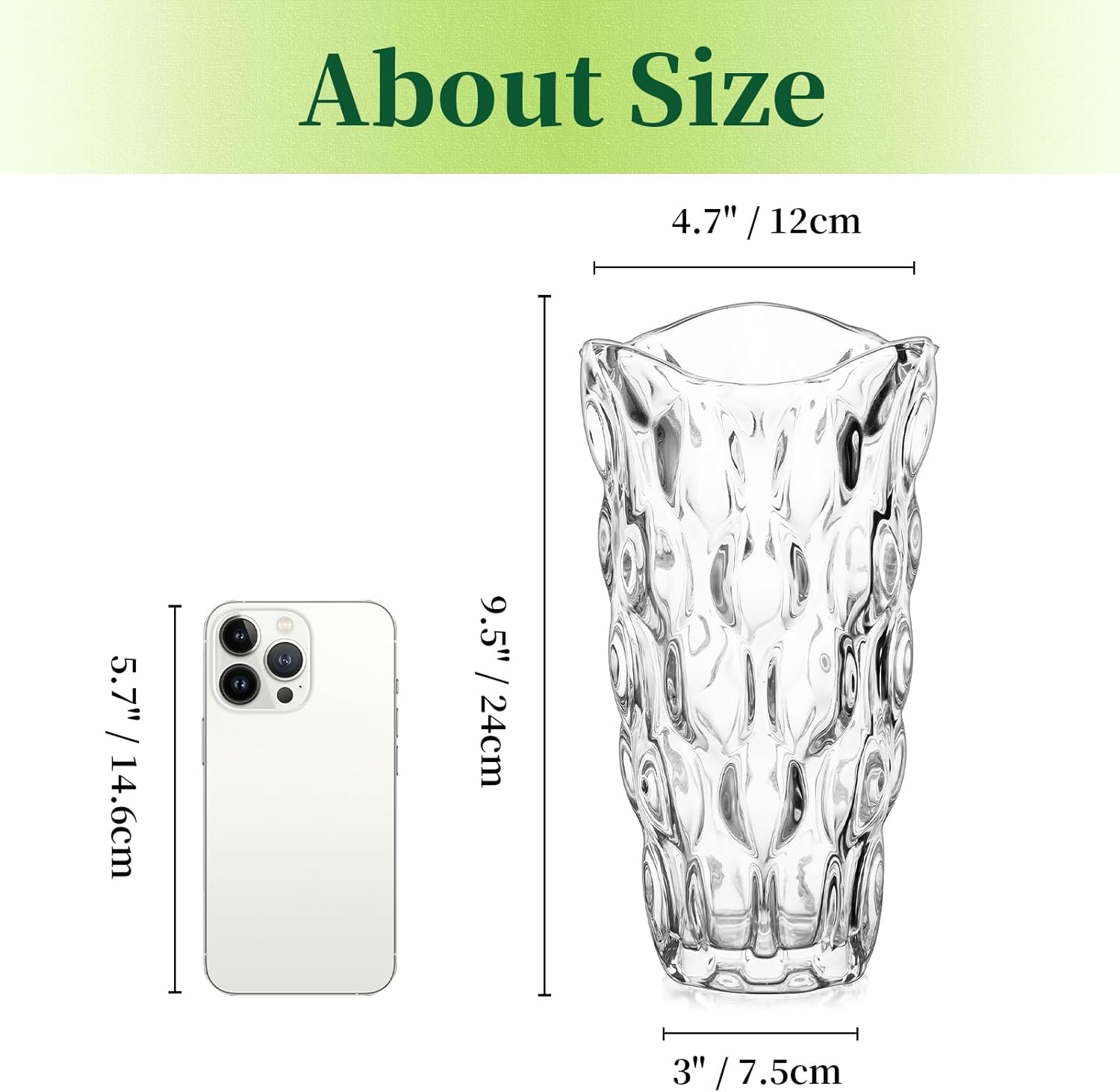 Hewory – Florero grande de cristal para flores, florero de ramo de flores de cristal transparente adornado de 9.5 pulgadas de alto para centros de