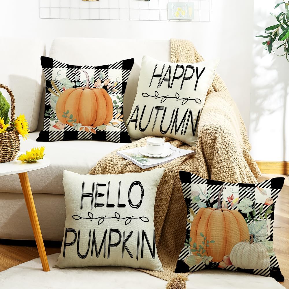 Juego de 4 fundas de almohada de otoño de 18 x 18 pulgadas para decoración de otoño, decoración de otoño, calabaza, hoja de arce y Acción de