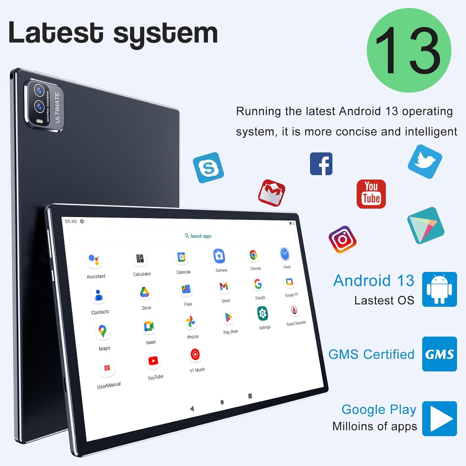 COOPERS Tablet 2 en 1 de 10 pulgadas, Android 13 Tablet con teclado, 8 GB de RAM 128 GB ROM, WiFi 2.4G5G, tableta de computadora con funda, ratón,