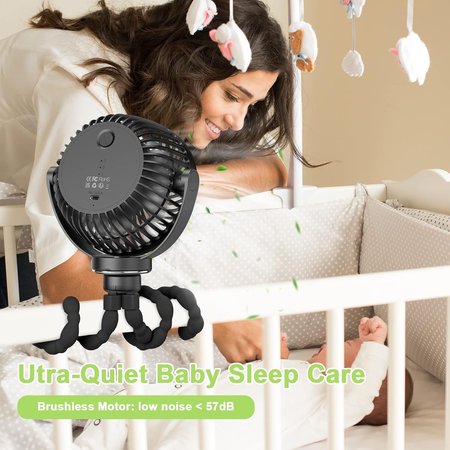 VASG Ventilador de cochecito a pilas, mini ventilador de mano con clip con trípode flexible, ventilador de bebé alimentado por batería, ventilador
