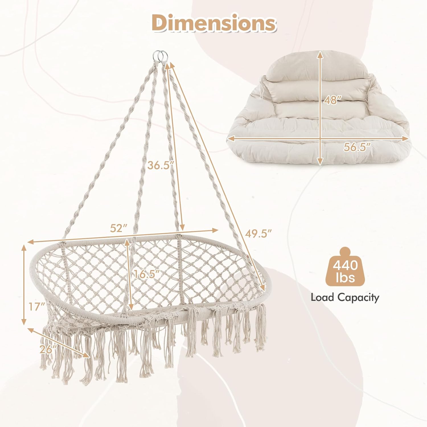 Tangkula 2-Person Hanging Hammock Chair, Boho Style Macrame Hammock Swing with Soft Cushions, Tassels, Indoor Outdoor Cotton Rope Hanging Swing