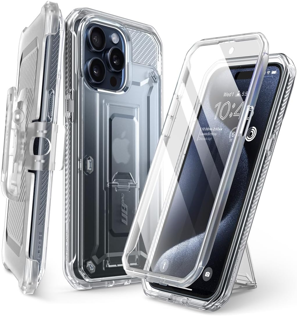 SUPCASE Funda para iPhone 15 Pro Max con protector de pantalla (Unicorn Beetle Pro), soporte integrado y clip para cinturón protección de grado