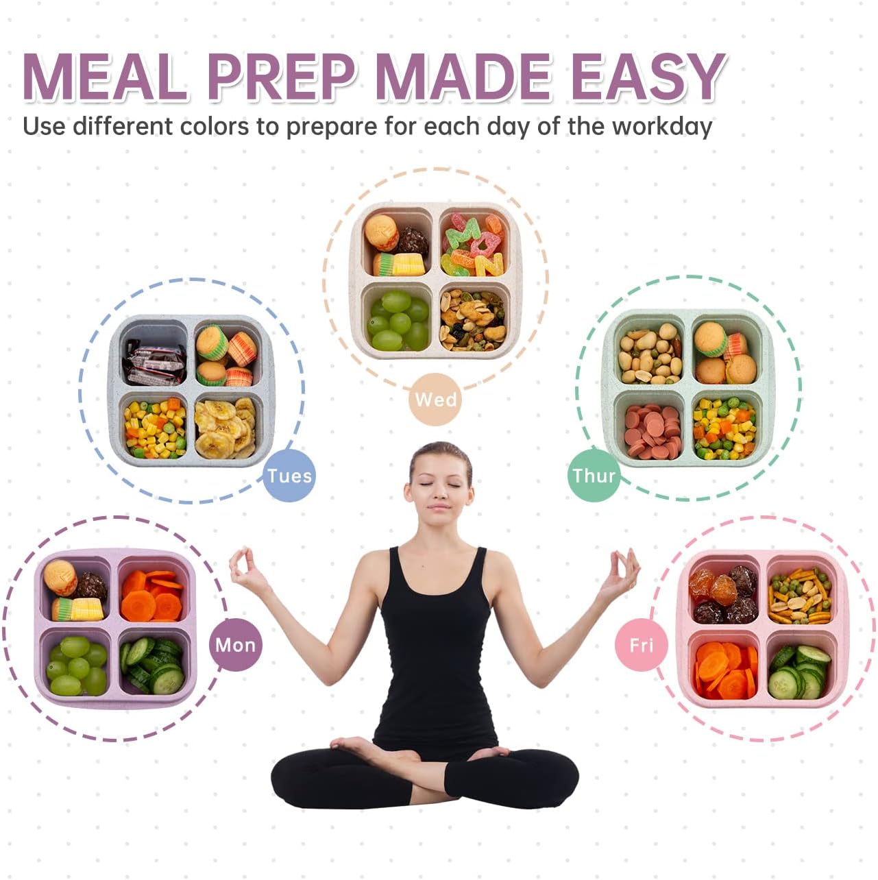 Paquete de 5 loncheras Bento, recipientes de aperitivos de 4 compartimentos, caja de aperitivos Bento dividida, preparación de comidas, lonchera