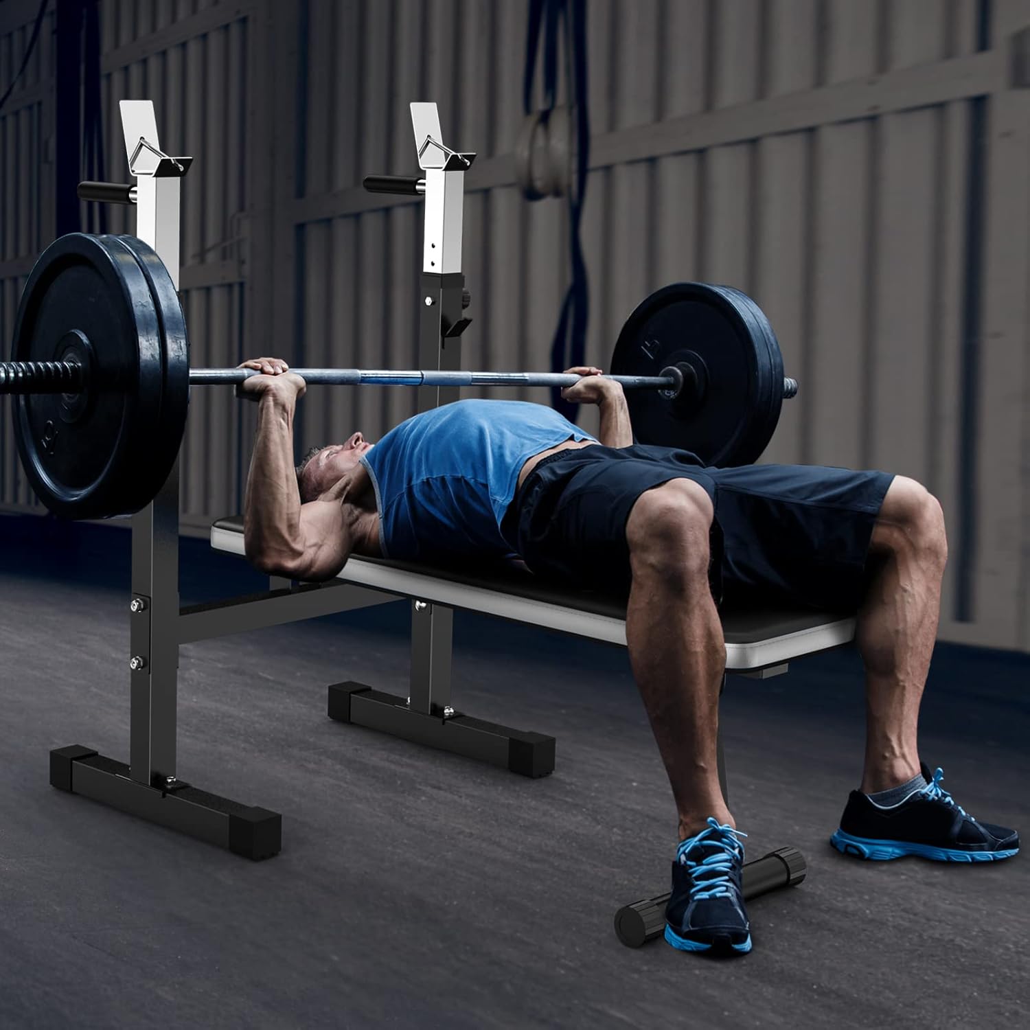 Lmdex Prensa de banco de peso ajustable con estante para sentadillas, estación de inmersión multifunción plegable para entrenamiento de cuerpo