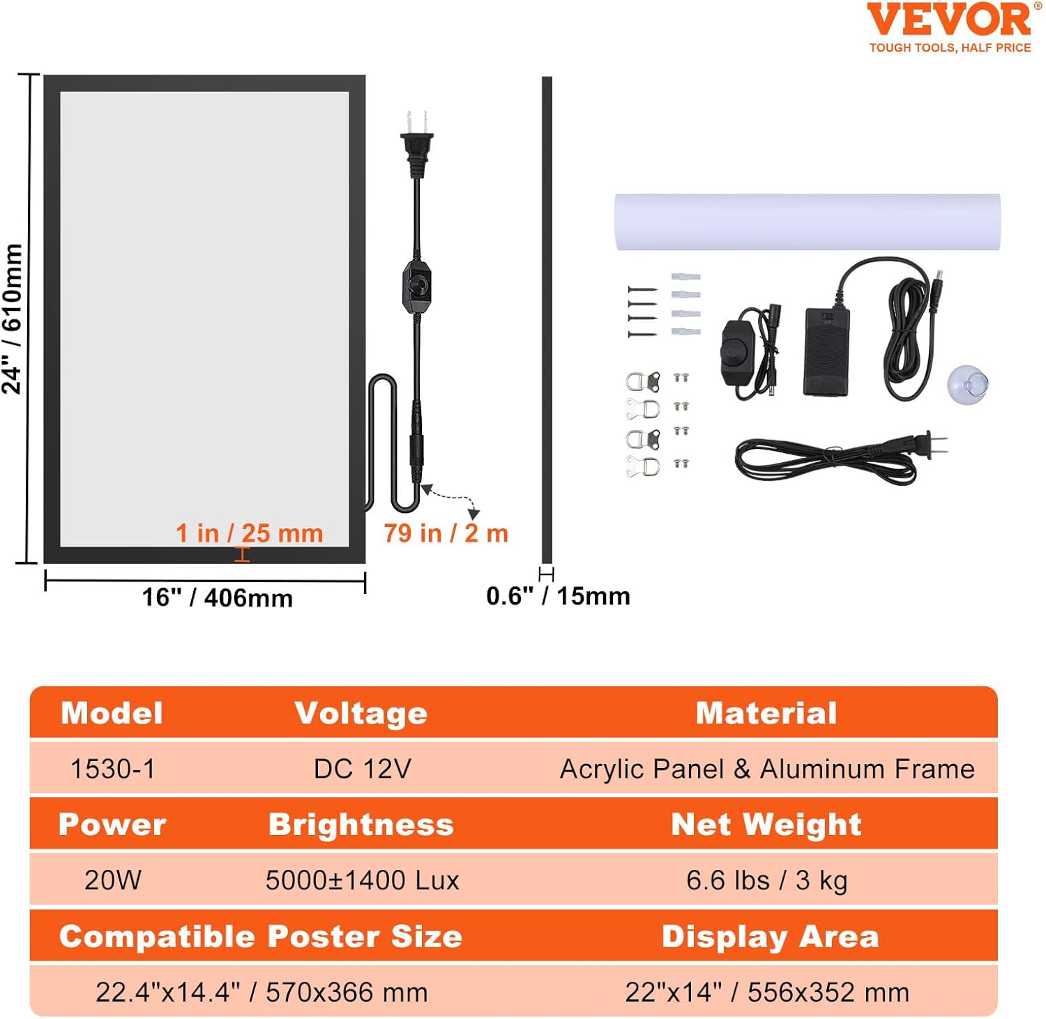 VEVOR Marco de póster LED en color negro, marco de fotos de 16 x 24 pulgadas, letrero de acera para exhibición publicitaria, marco de aluminio con