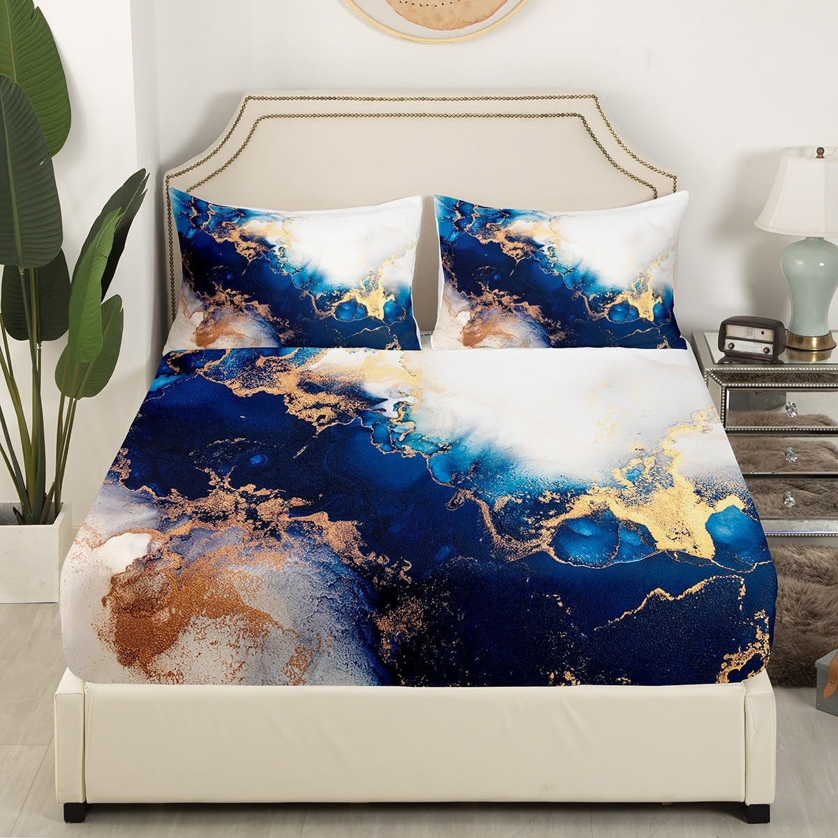 Erosebridal Juego de sábanas de mármol azul y blanco dorado, tamaño Queen, juego de sábanas con textura de mármol retro para niños y niñas, sábanas