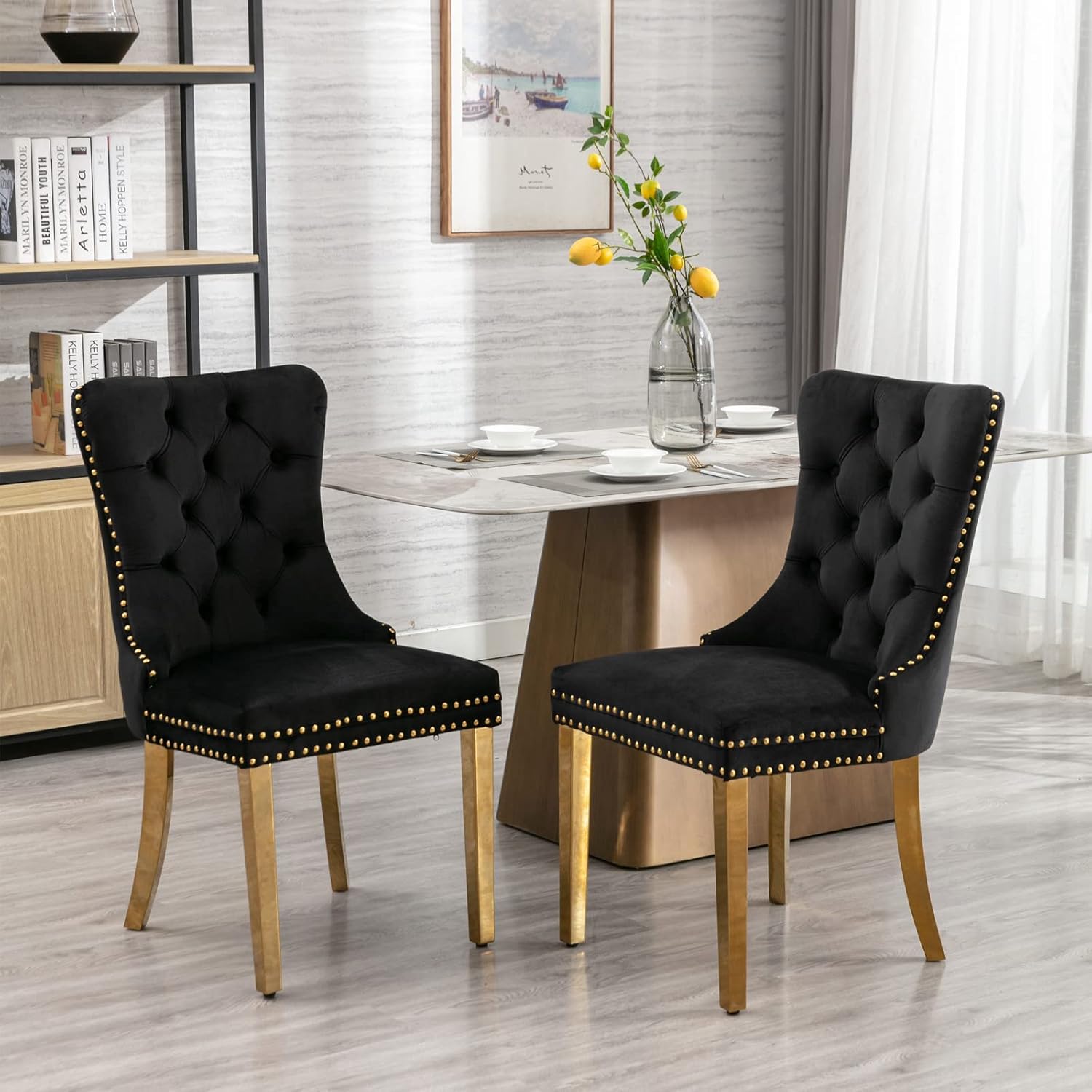 HABITRIO Juego de 2 sillas de comedor, sillas laterales tapizadas de madera maciza con patas de acero inoxidable chapado en oro, cabeza de clavo y