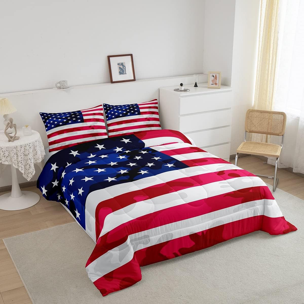 Feelyou Juego de ropa de cama con bandera estadounidense, diseño de bandera de Estados Unidos, edredón de bandera de camuflaje del ejército, edredón