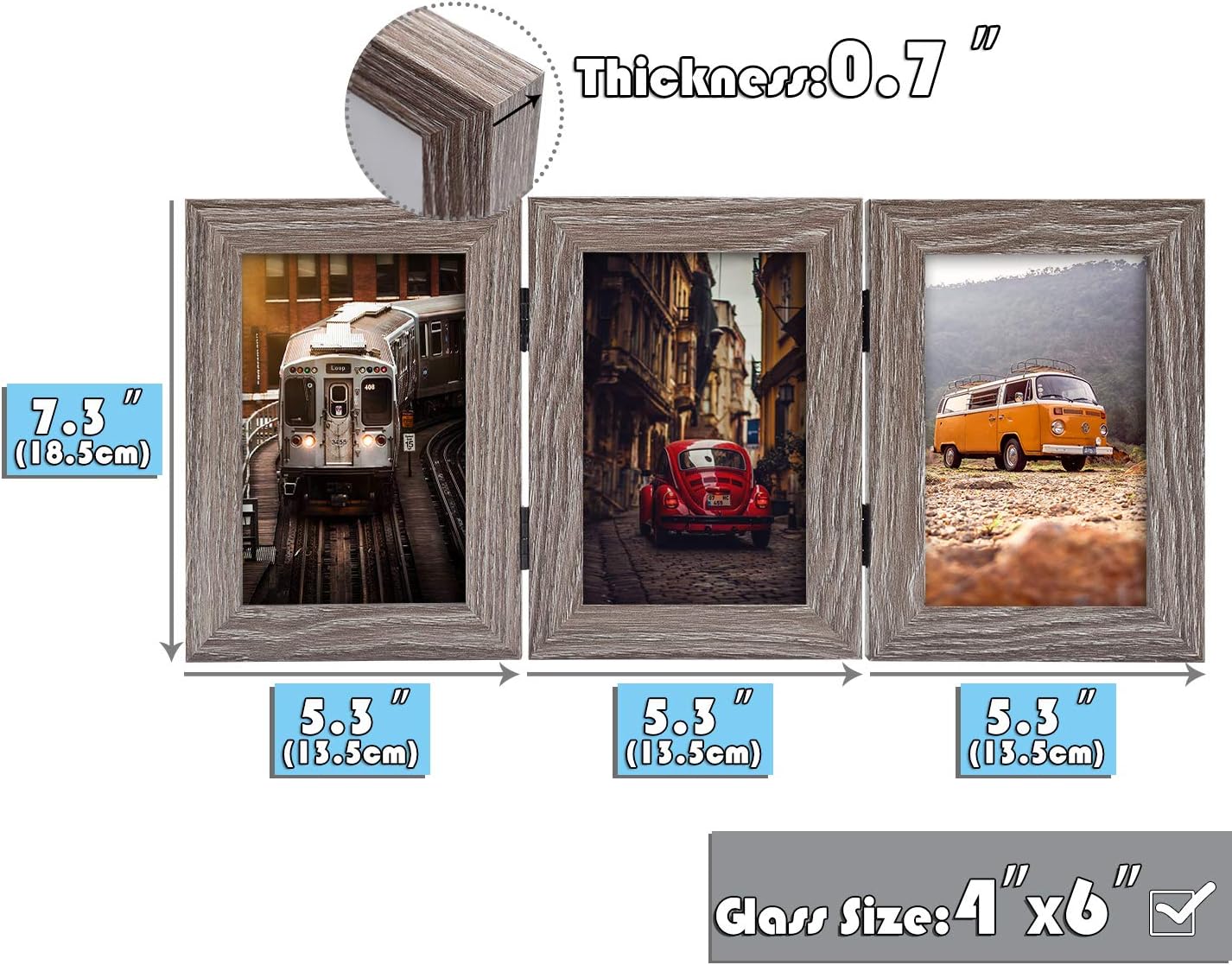 Frametory, Marcos de fotos triples de 4 x 6 con bisagras para collage de 3 fotos, tres marcos de fotos, marco de escritorio múltiple con vidrio