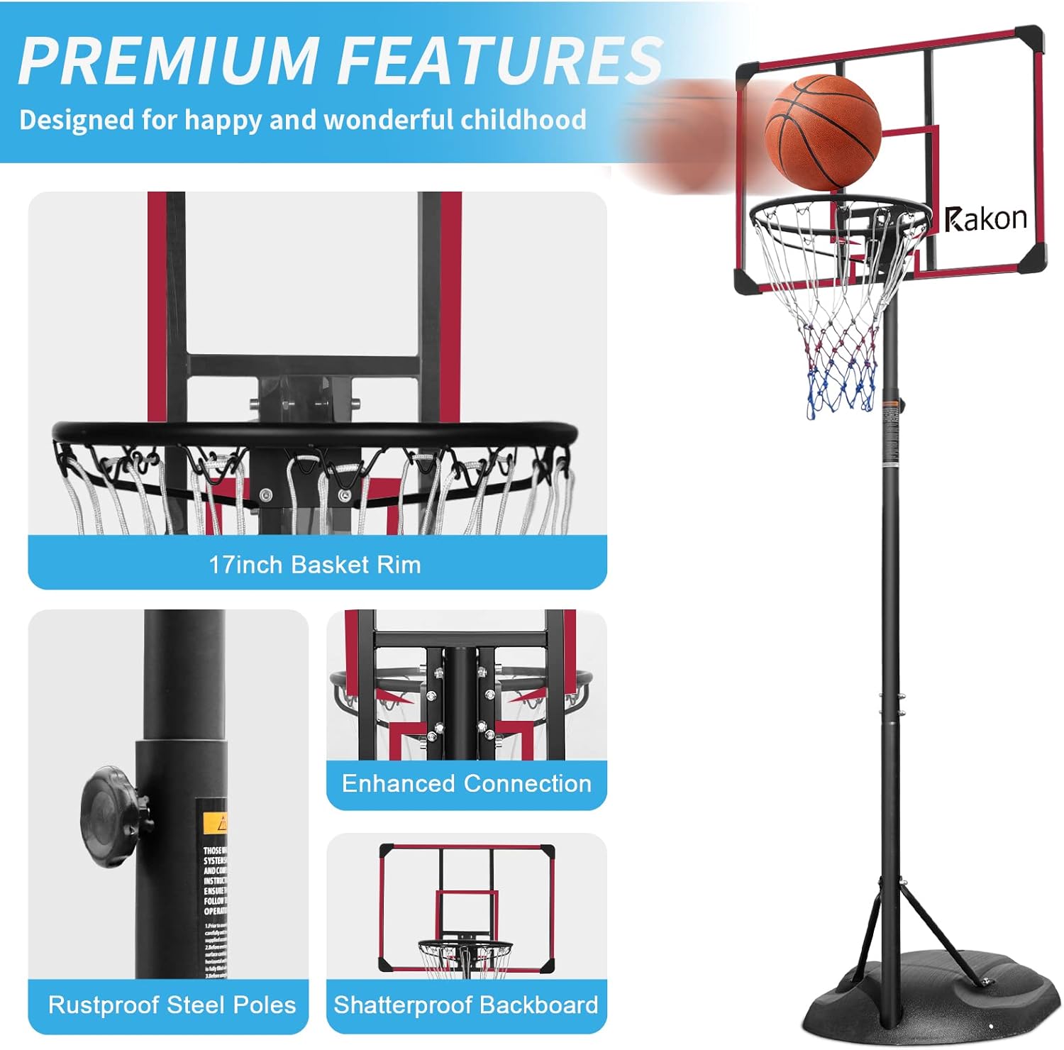PULANG Aro de baloncesto portátil de altura ajustable de 7.5 a 9.2 pies, sistema de tablero de baloncesto para jóvenes y adultos, color negro