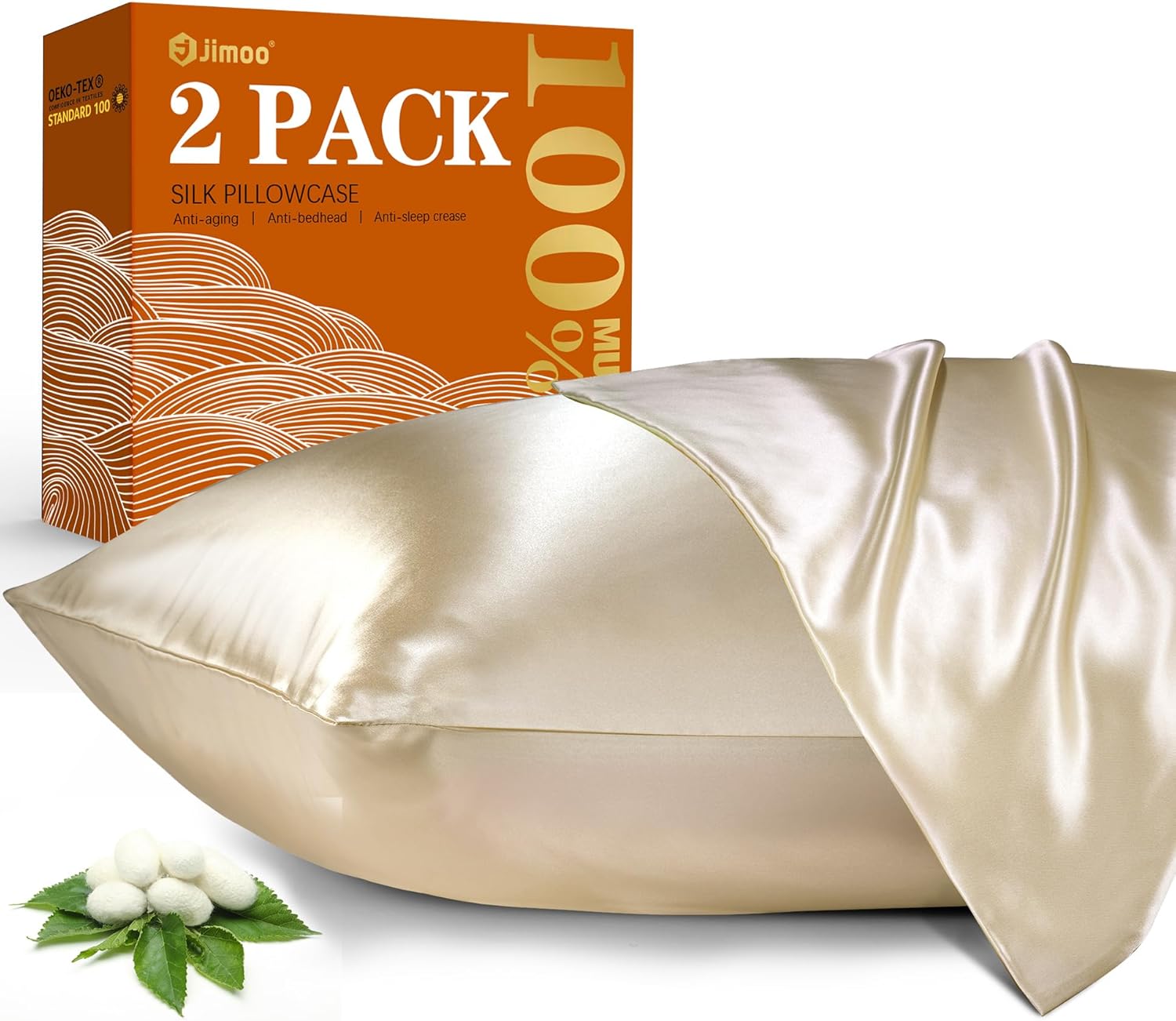 Paquete de 2 fundas de almohada 100% seda de morera para cabello y piel, 22 fundas de almohada de seda natural Momme con cremallera, fundas de