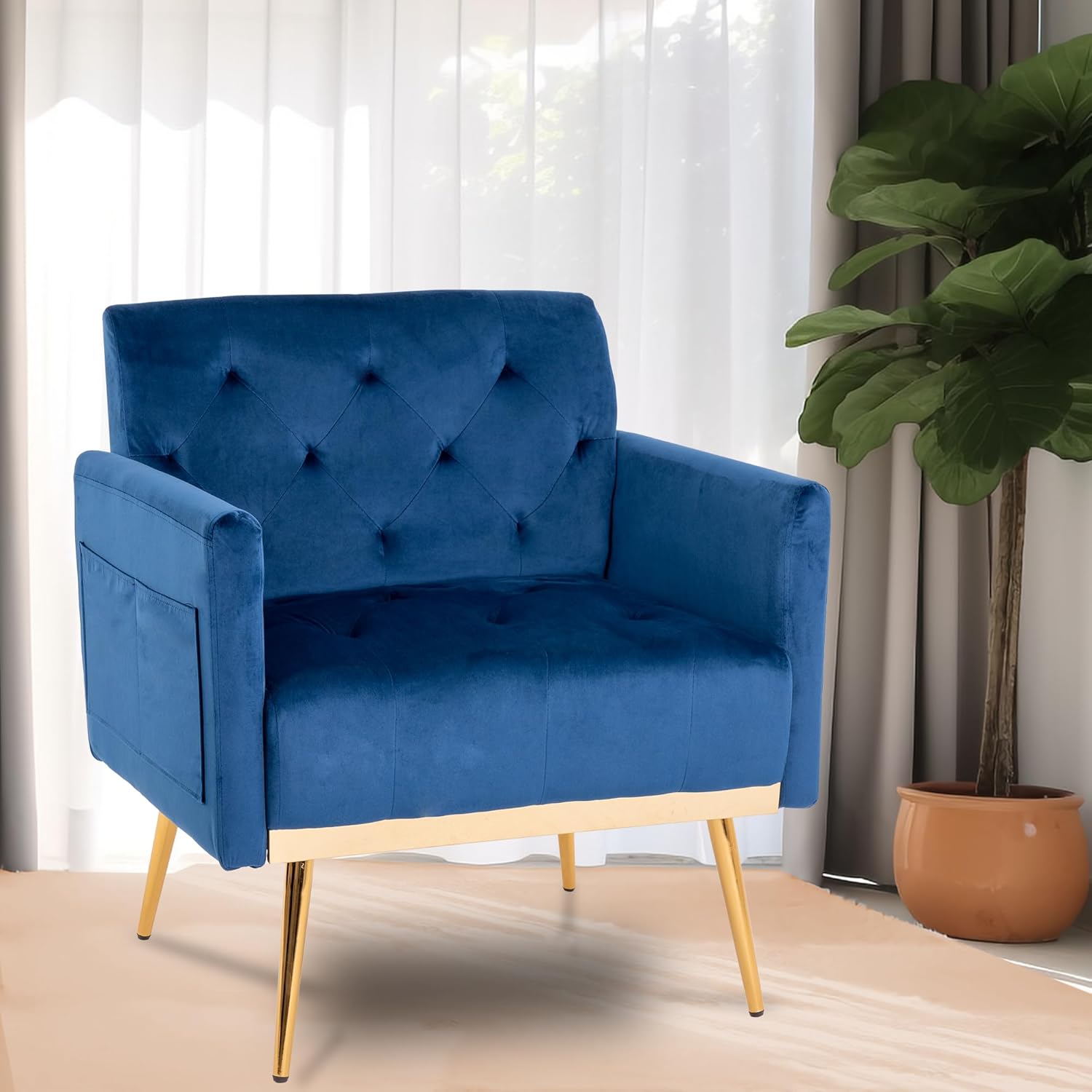 Silla decorativa de terciopelo con patas de metal dorado, silla de lectura moderna de mediados de siglo con bolsillo lateral, cómodo sillón