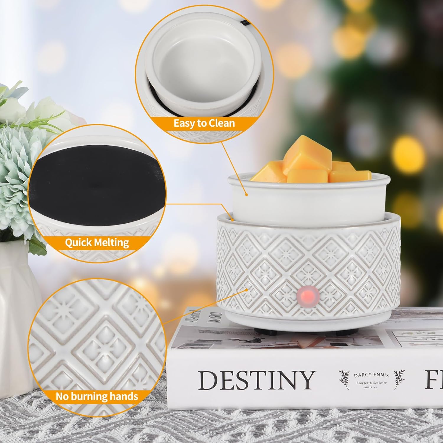 Calentador de cera para cera perfumada, calentador de cera de cerámica 3 en 1, calentador eléctrico de velas para cera derretida, cubos de cera para