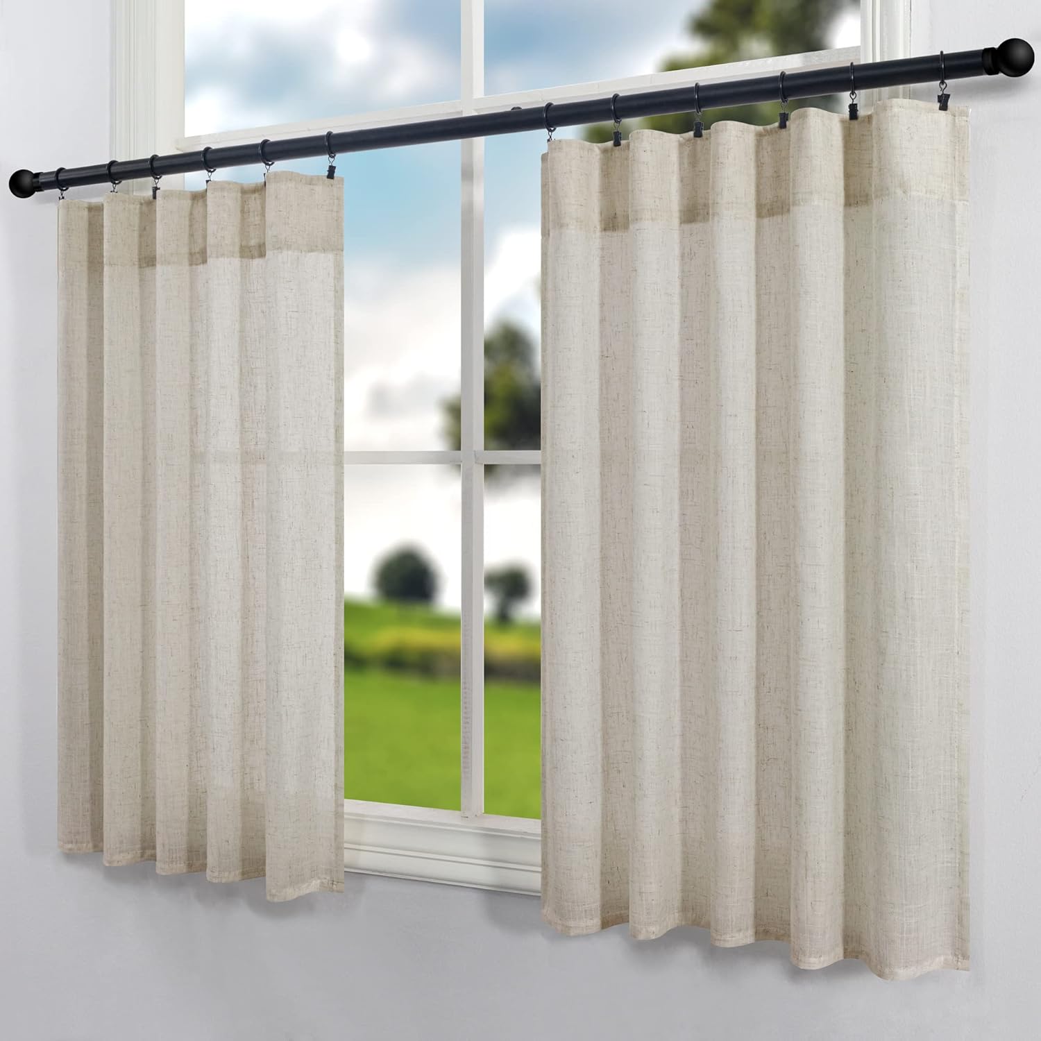 Cortinas de cocina de lino para ventana pequeña de 36 pulgadas de largo, 2 paneles con bolsillo con pestañas traseras, arpillera primitiva, granja,