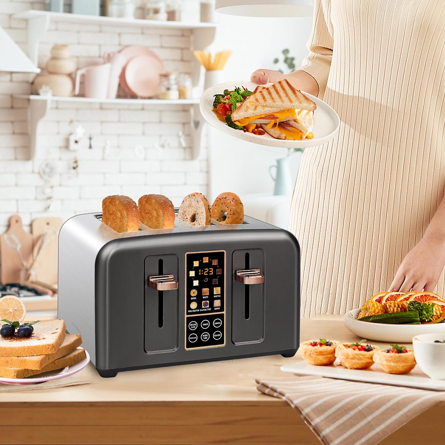 SEEDEEM Tostadora de 4 rebanadas, pantalla LCD de acero inoxidable y botón táctil, 6 selección de pan, 7 ajustes de sombra, tostadora de ranuras de