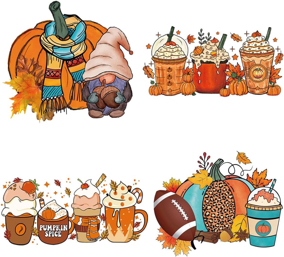 4 hojas de transferencia de hierro para otoño, parches para planchar, diseño de calabaza, gnomo, hoja de arce, adhesivo de vinilo de transferencia