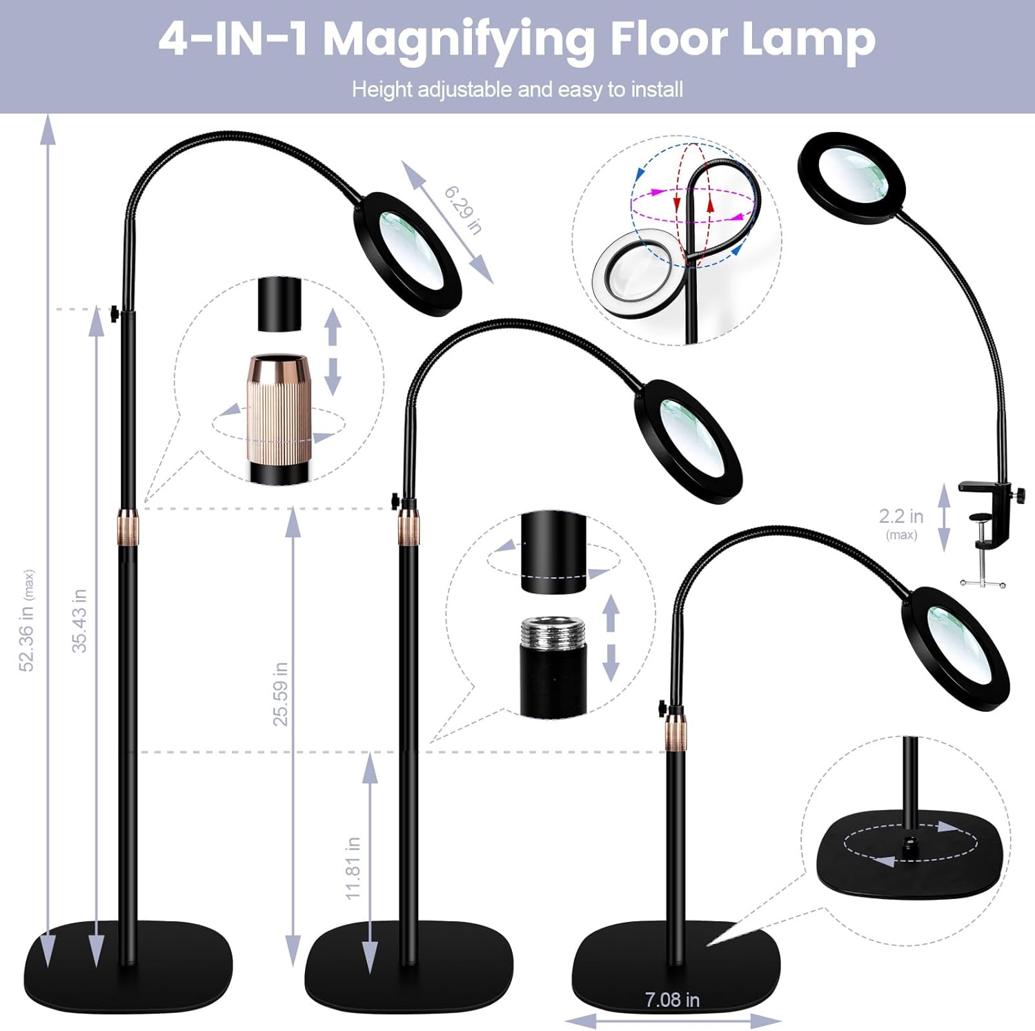NUEYiO – Lupa 10X con luz y soporte, lámpara de pie con lupa LED regulable de 3 colores, con cuello de cisne de 24 pulgadas, brazo oscilante