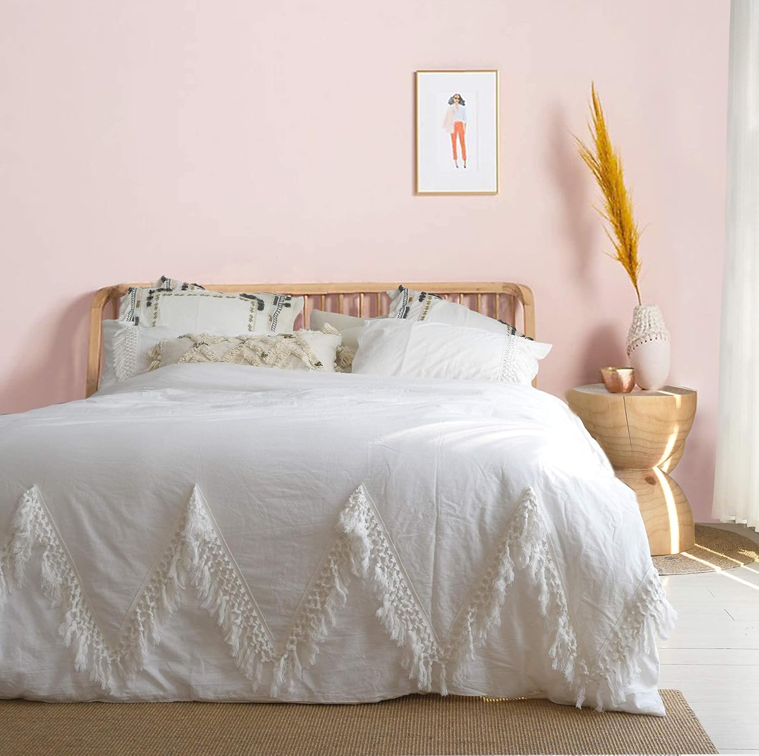 Funda de edredón bohemia blanca, tamaño Queen, estilo bohemio, con borlas, decoración de dormitorio, 86 x 90 pulgadas